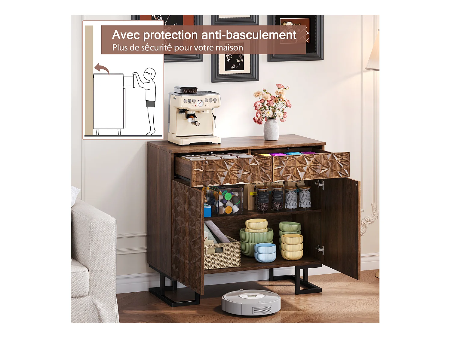 Buffet 80×40×78 cm série en noyer foncé avec relief feuilles, pieds métal, 2 tiroirs et 2 portes – Sans poignées, idéal salon et salle à manger