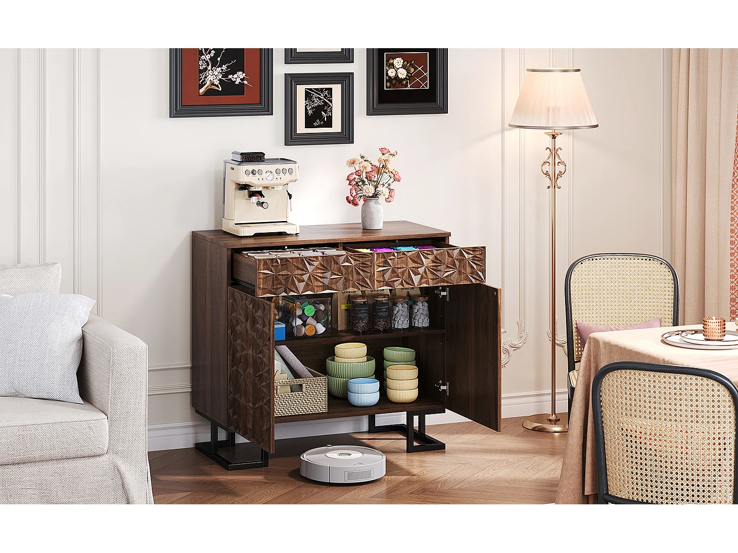 Aparador serie 80×40×78 cm en nogal oscuro con relieve de hoja, patas metálicas, 2 cajones y 2 puertas – Sin tiradores, ideal para salón y comedor