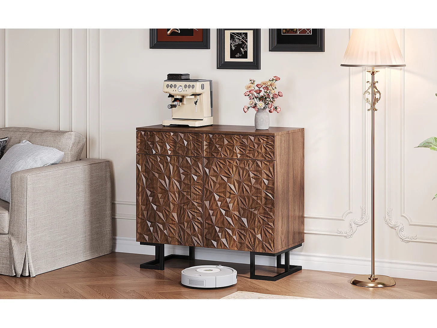 Aparador serie 80×40×78 cm en nogal oscuro con relieve de hoja, patas metálicas, 2 cajones y 2 puertas – Sin tiradores, ideal para salón y comedor