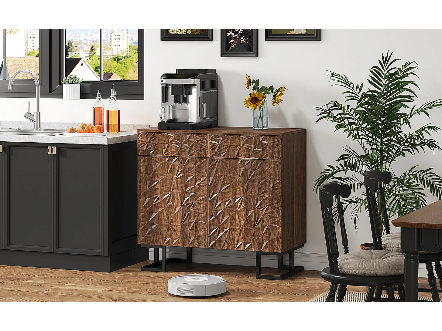 Aparador serie 80×40×78 cm en nogal oscuro con relieve de hoja, patas metálicas, 2 cajones y 2 puertas – Sin tiradores, ideal para salón y comedor