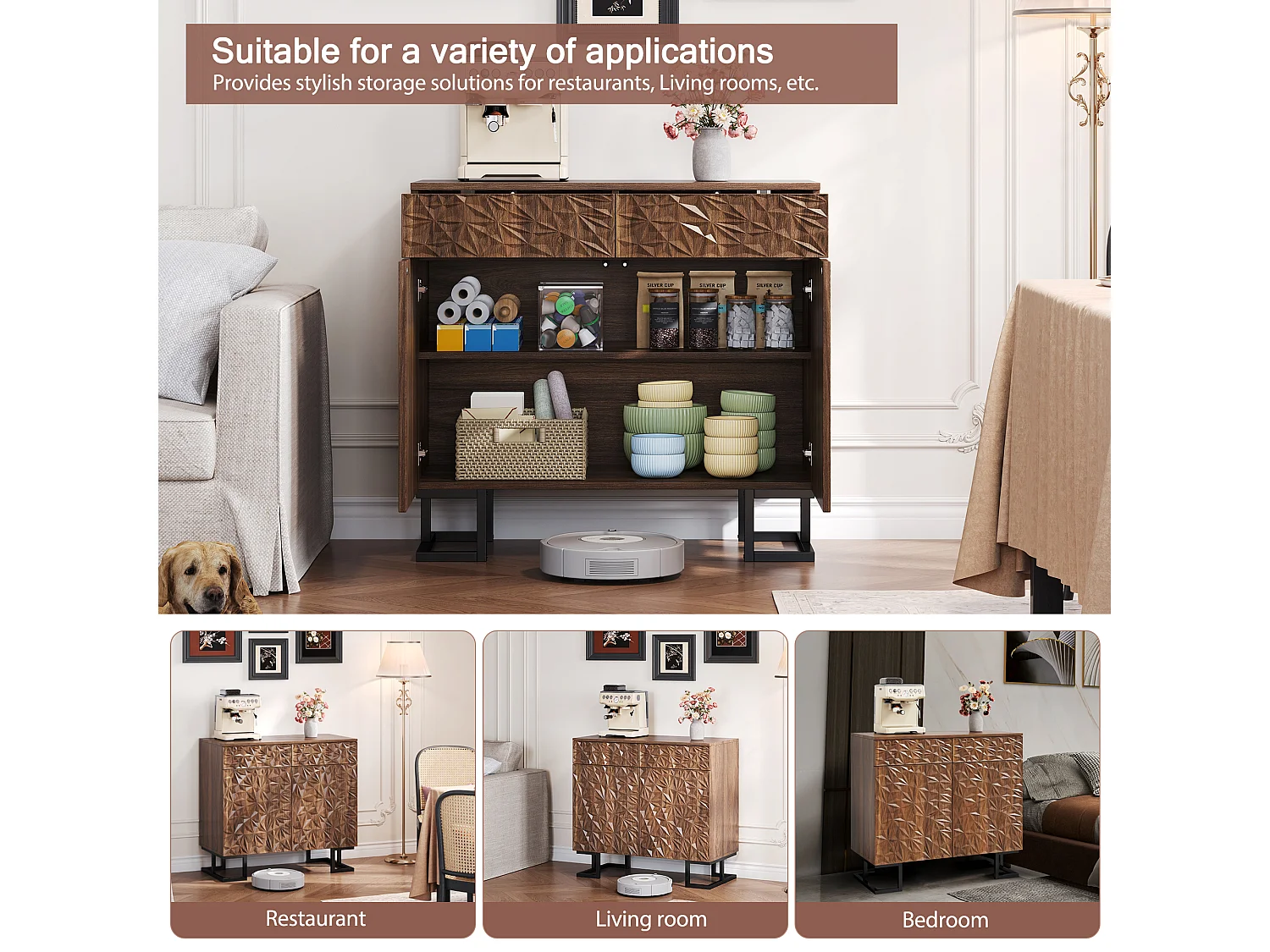 Aparador serie 80×40×78 cm en nogal oscuro con relieve de hoja, patas metálicas, 2 cajones y 2 puertas – Sin tiradores, ideal para salón y comedor