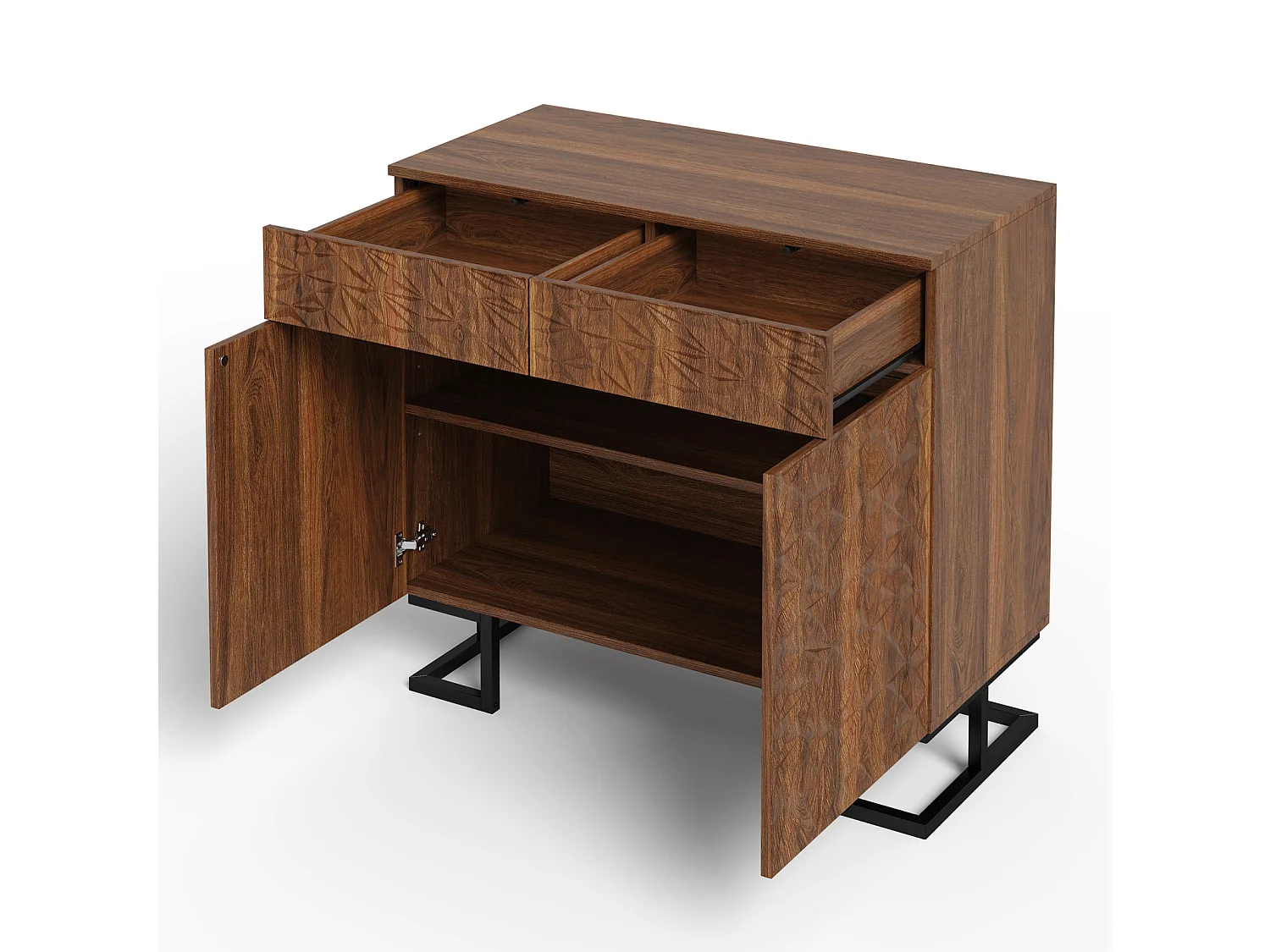 Aparador serie 80×40×78 cm en nogal oscuro con relieve de hoja, patas metálicas, 2 cajones y 2 puertas – Sin tiradores, ideal para salón y comedor