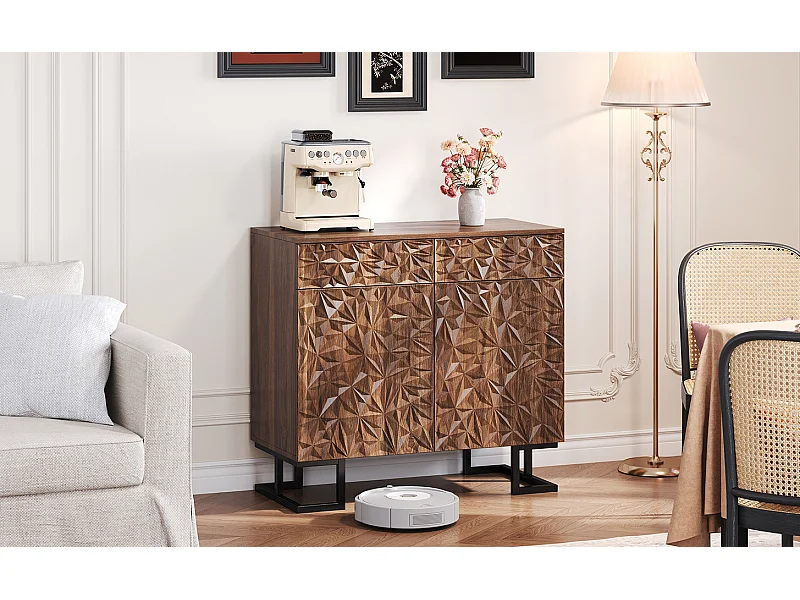 Sideboard 80×40×78 cm serie in donker notenhout met bladreliëf, metalen poten, 2 lades en 2 deuren – Zonder greep, ideaal voor woonkamer en eetkamer