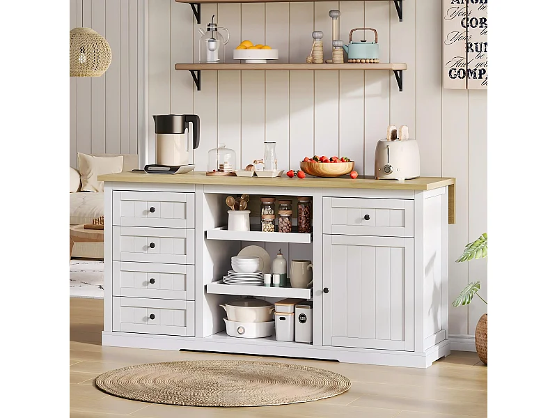 Credenza / isola da cucina / mobile bar con 5 cassetti, 2 ripiani scorrevoli e prese integrate per cucina, sala da pranzo e soggiorno, bianco