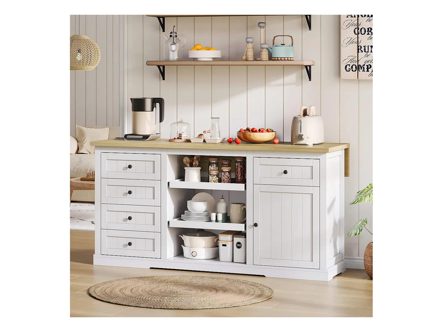 Buffet / îlot de cuisine / meuble bar avec 5 tiroirs, 2 étagères coulissantes et prises intégrées pour cuisine, salle à manger et salon, blanc