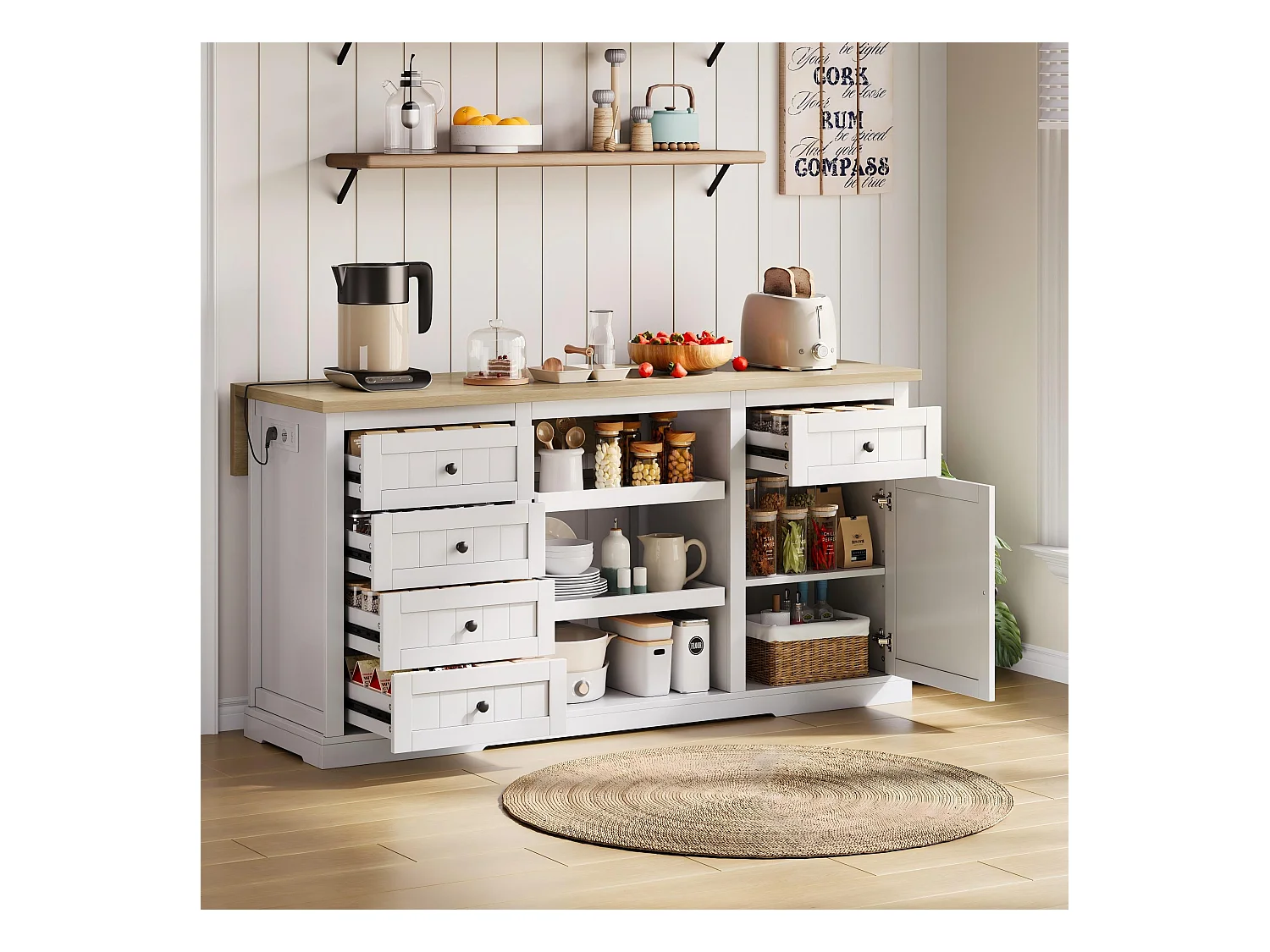 Buffet / îlot de cuisine / meuble bar avec 5 tiroirs, 2 étagères coulissantes et prises intégrées pour cuisine, salle à manger et salon, blanc