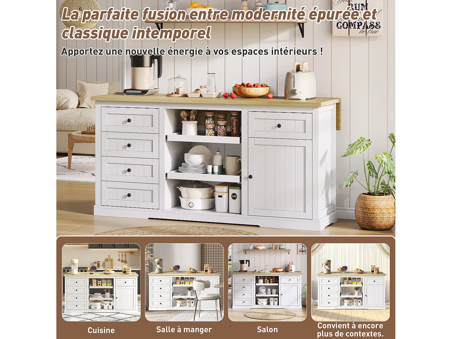 Buffet / îlot de cuisine / meuble bar avec 5 tiroirs, 2 étagères coulissantes et prises intégrées pour cuisine, salle à manger et salon, blanc