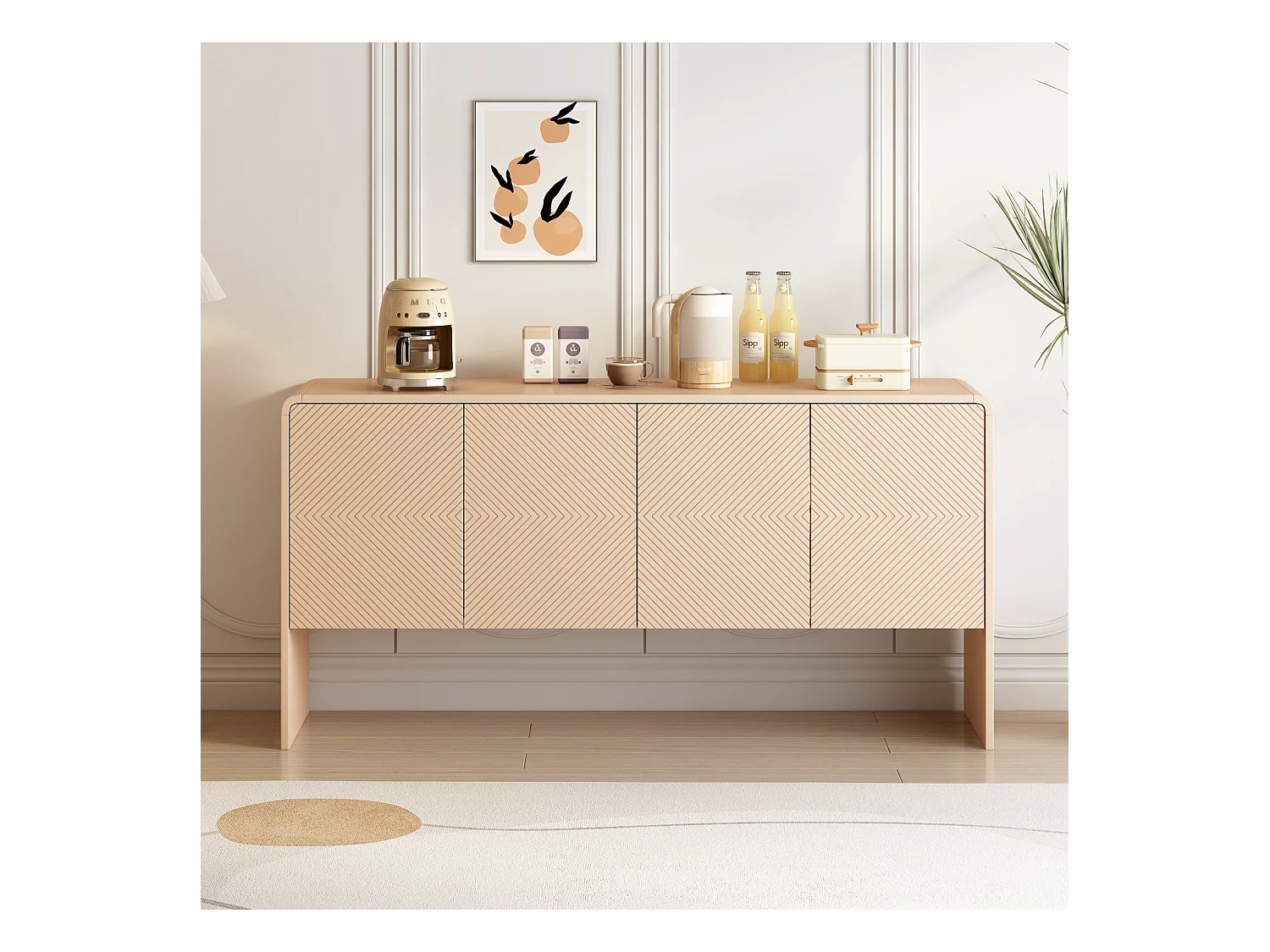 Buffet 4 portes, Grand espace de rangement avec charnières à fermeture douce, abricot crème, élégant et pratique pour salon et entrée