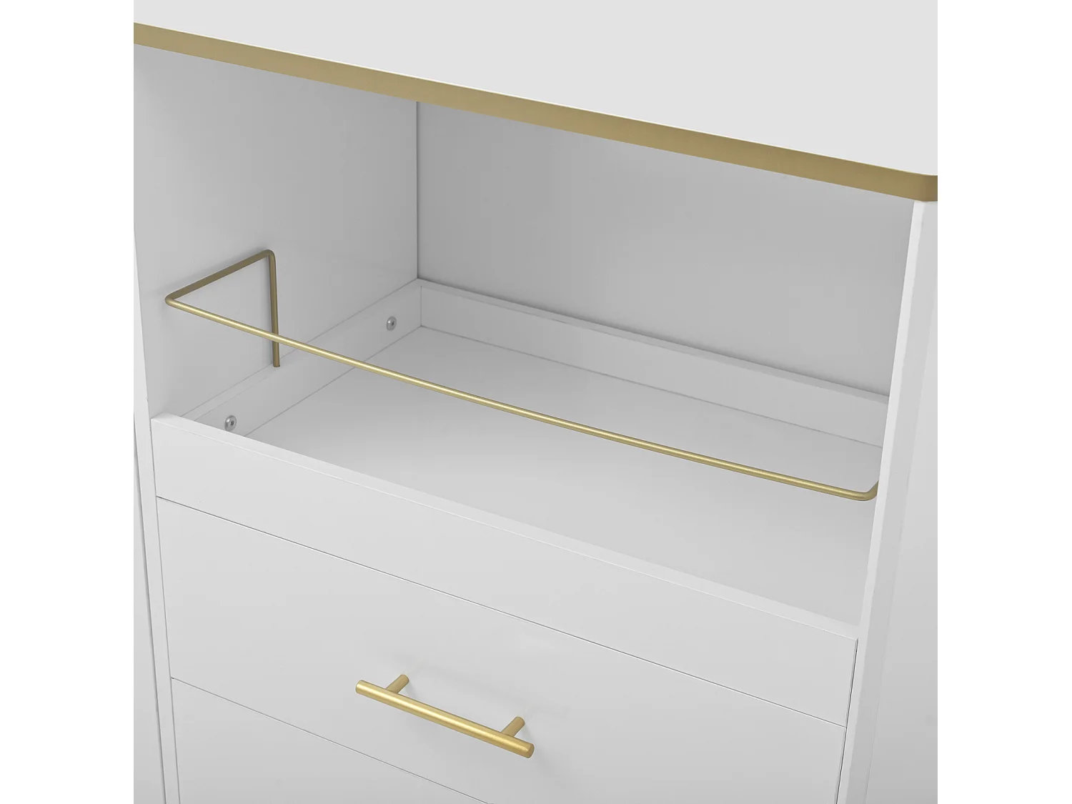 Aparador con 2 cajones y puertas de cristal, Cómoda moderna blanca con detalles dorados - Gran espacio de almacenamiento, comedor o entrada