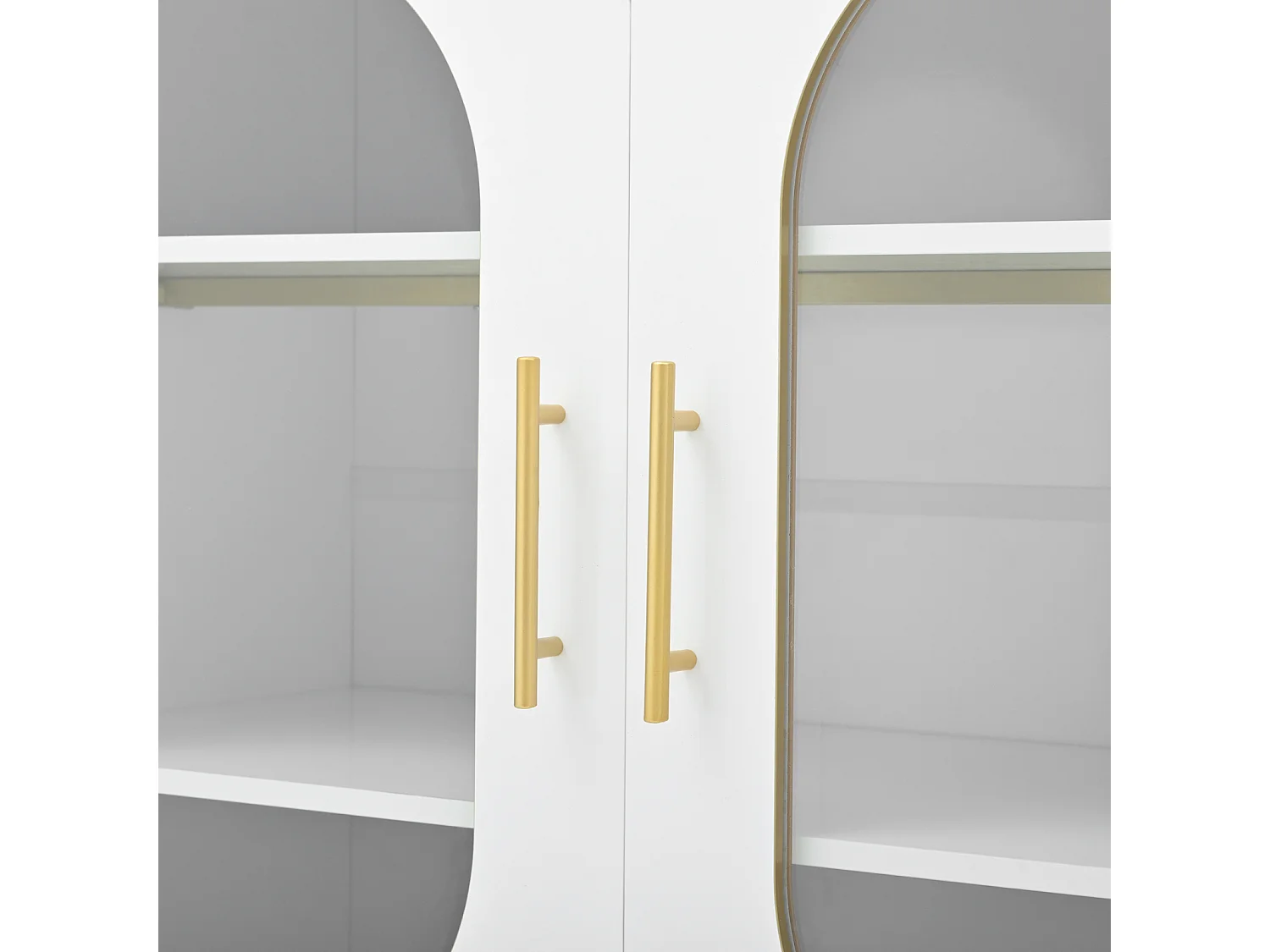 Aparador con 2 cajones y puertas de cristal, Cómoda moderna blanca con detalles dorados - Gran espacio de almacenamiento, comedor o entrada