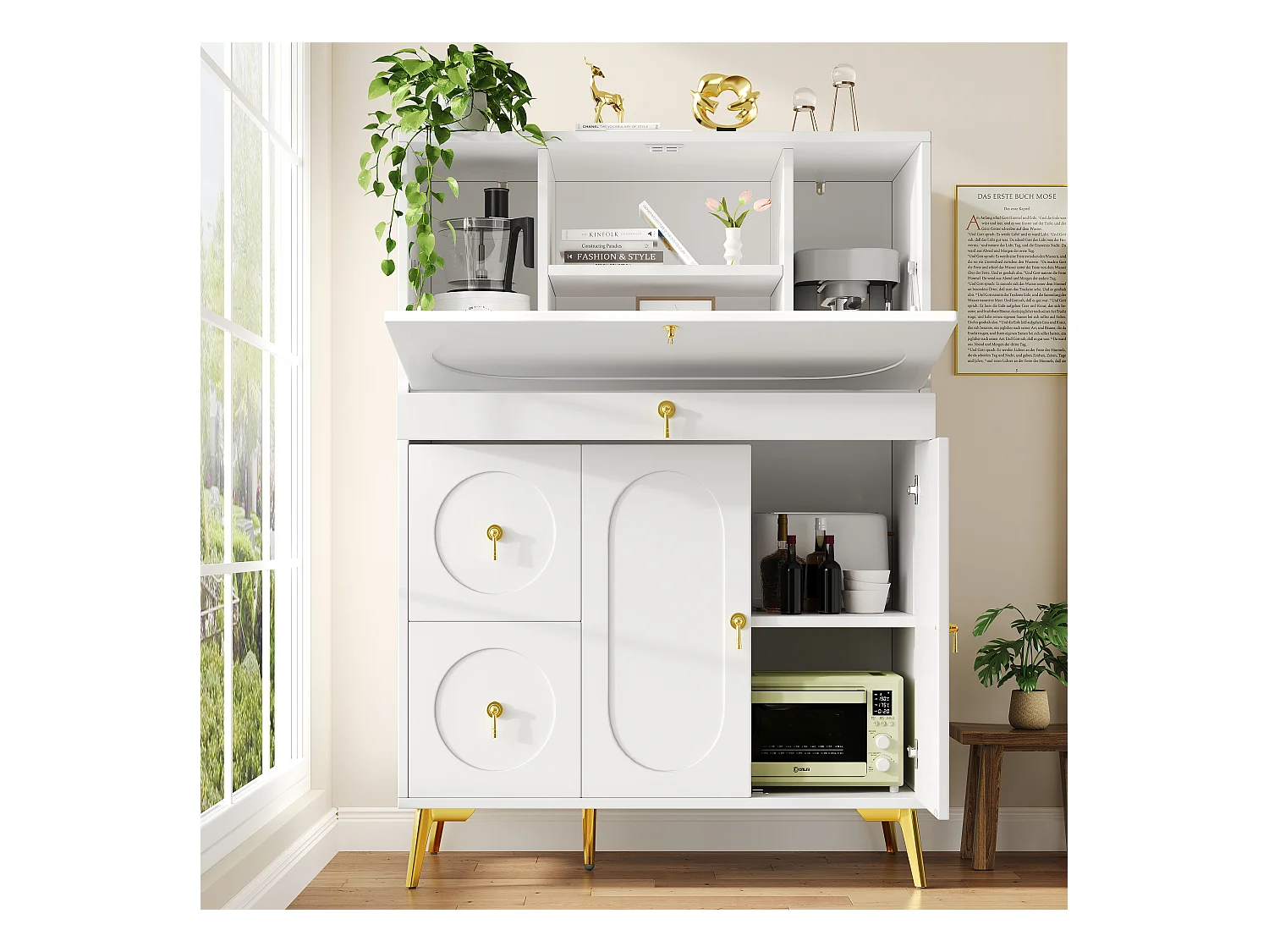 Buffet / armoire de cuisine 100×50×140 cm avec portes pliantes, Meuble moderne et multifonction pour cuisine, salle à manger et salon, Blanc