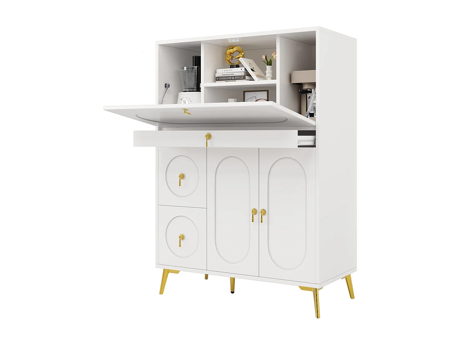 Buffet / armoire de cuisine 100×50×140 cm avec portes pliantes, Meuble moderne et multifonction pour cuisine, salle à manger et salon, Blanc