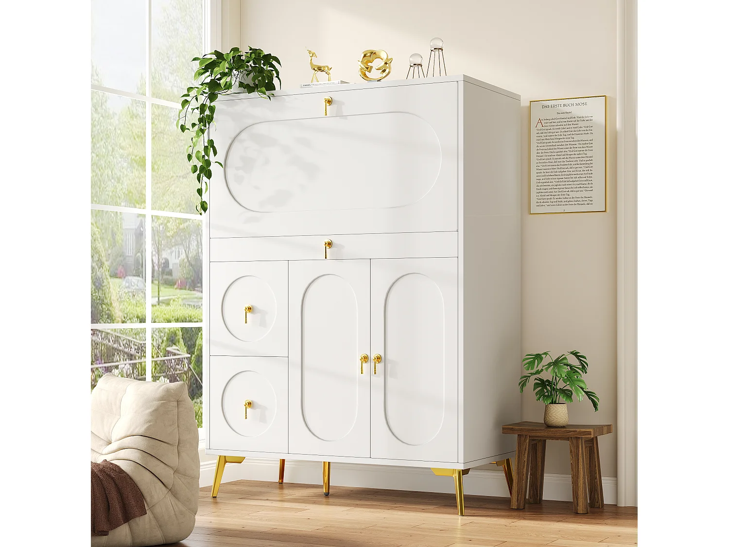 Buffet / armoire de cuisine 100×50×140 cm avec portes pliantes, Meuble moderne et multifonction pour cuisine, salle à manger et salon, Blanc