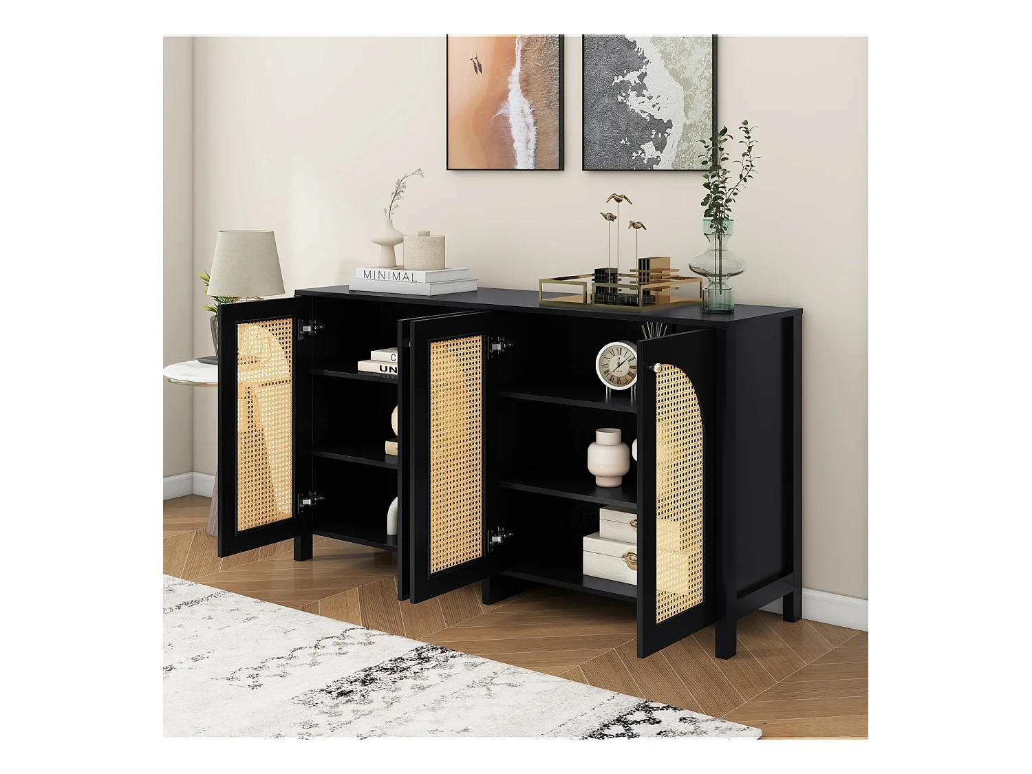 Buffet moderne minimaliste 4 portes en rotin avec poignées métal – Meuble pratique pour salle à manger, salon et cuisine – Noir