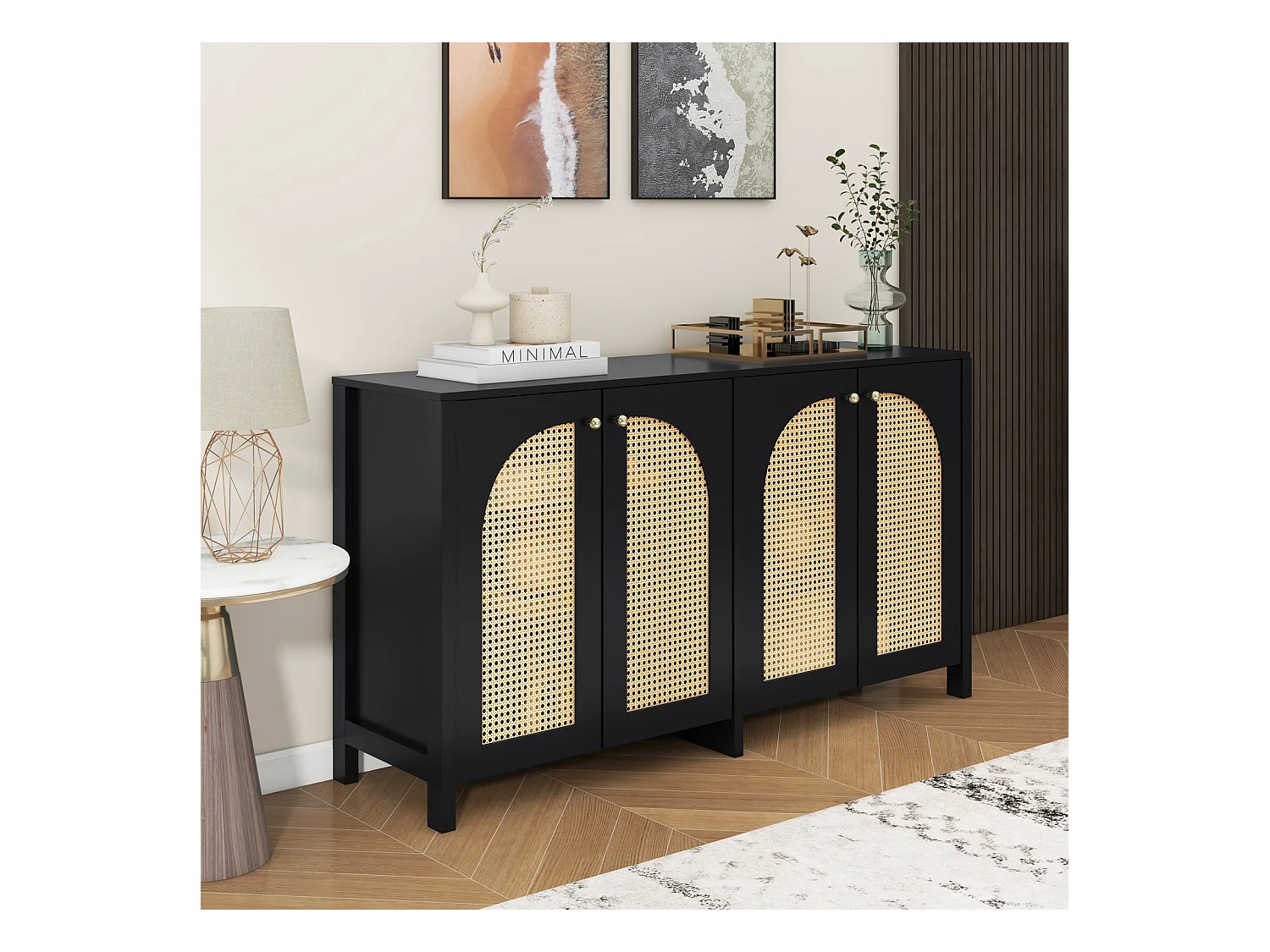 Buffet moderne minimaliste 4 portes en rotin avec poignées métal – Meuble pratique pour salle à manger, salon et cuisine – Noir