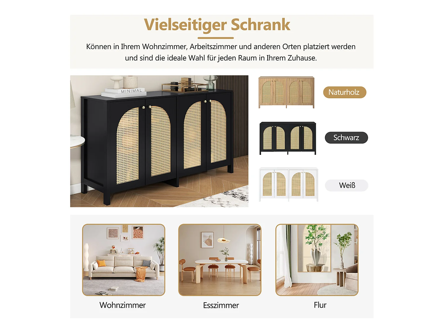 Buffet moderne minimaliste 4 portes en rotin avec poignées métal – Meuble pratique pour salle à manger, salon et cuisine – Noir