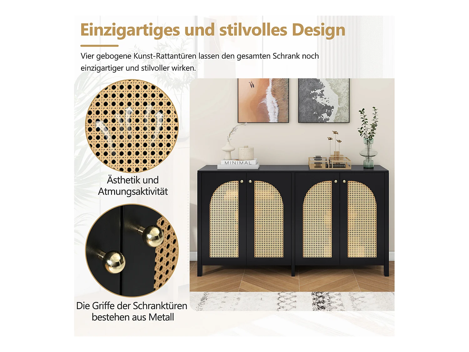 Buffet moderne minimaliste 4 portes en rotin avec poignées métal – Meuble pratique pour salle à manger, salon et cuisine – Noir