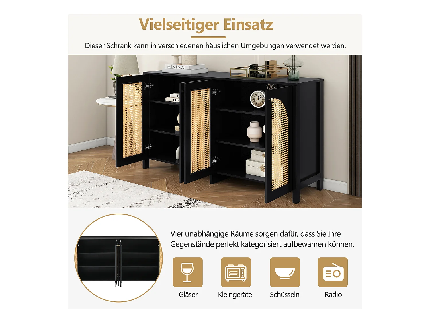 Buffet moderne minimaliste 4 portes en rotin avec poignées métal – Meuble pratique pour salle à manger, salon et cuisine – Noir