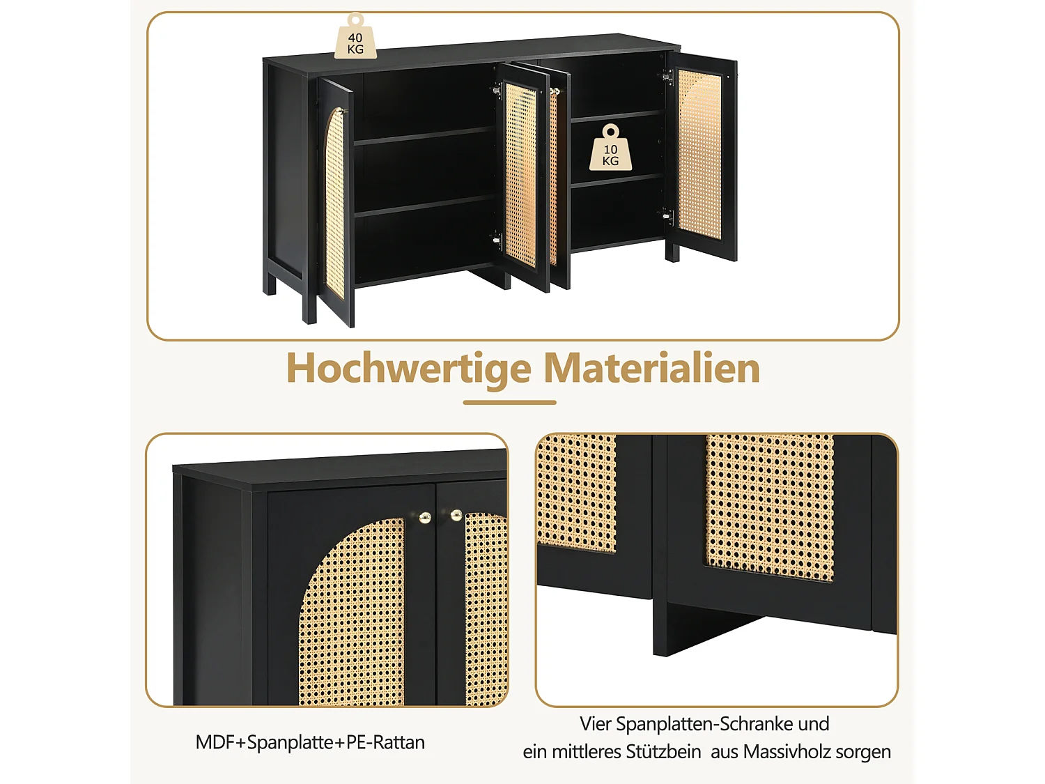 Buffet moderne minimaliste 4 portes en rotin avec poignées métal – Meuble pratique pour salle à manger, salon et cuisine – Noir