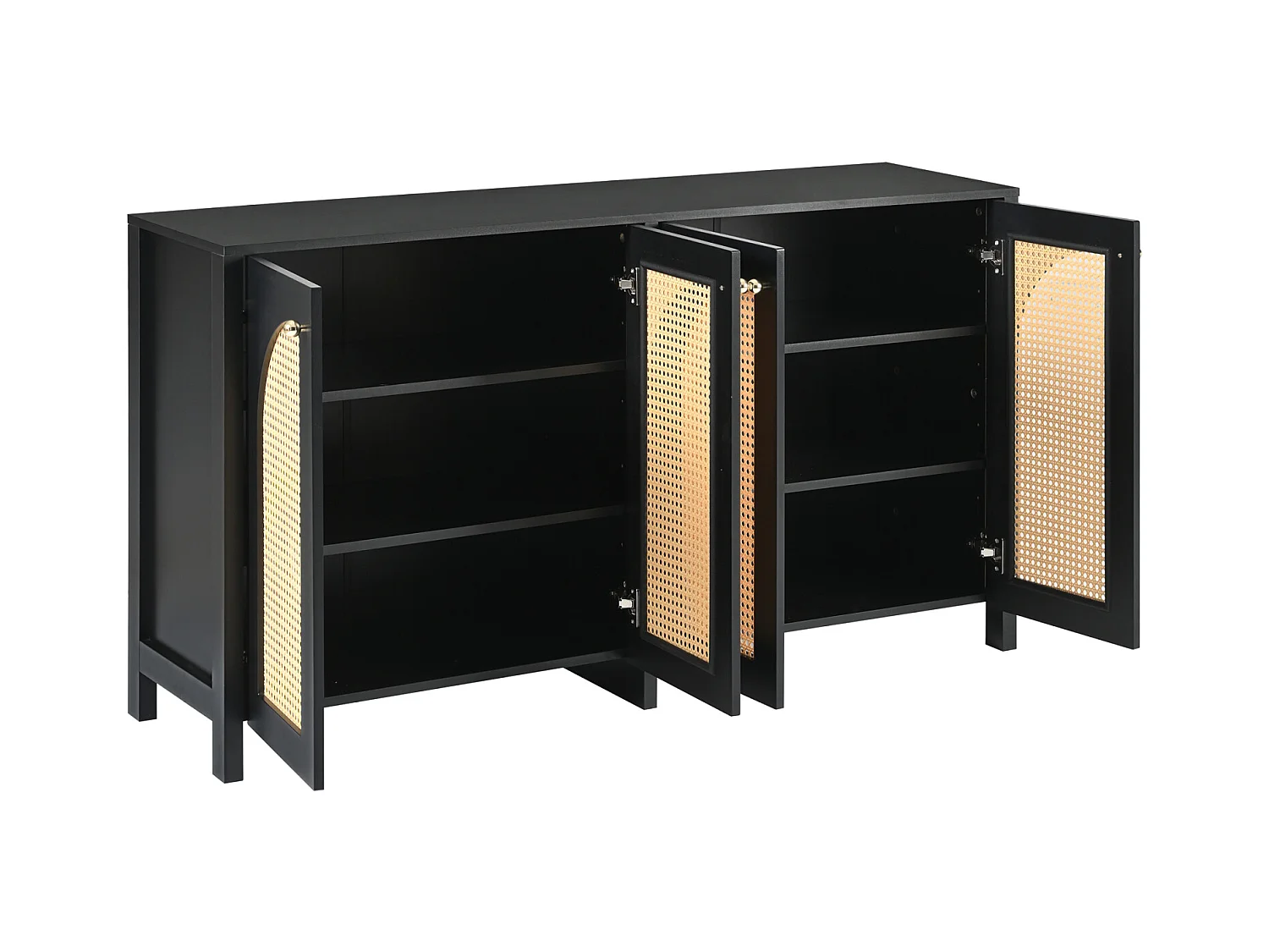 Buffet moderne minimaliste 4 portes en rotin avec poignées métal – Meuble pratique pour salle à manger, salon et cuisine – Noir