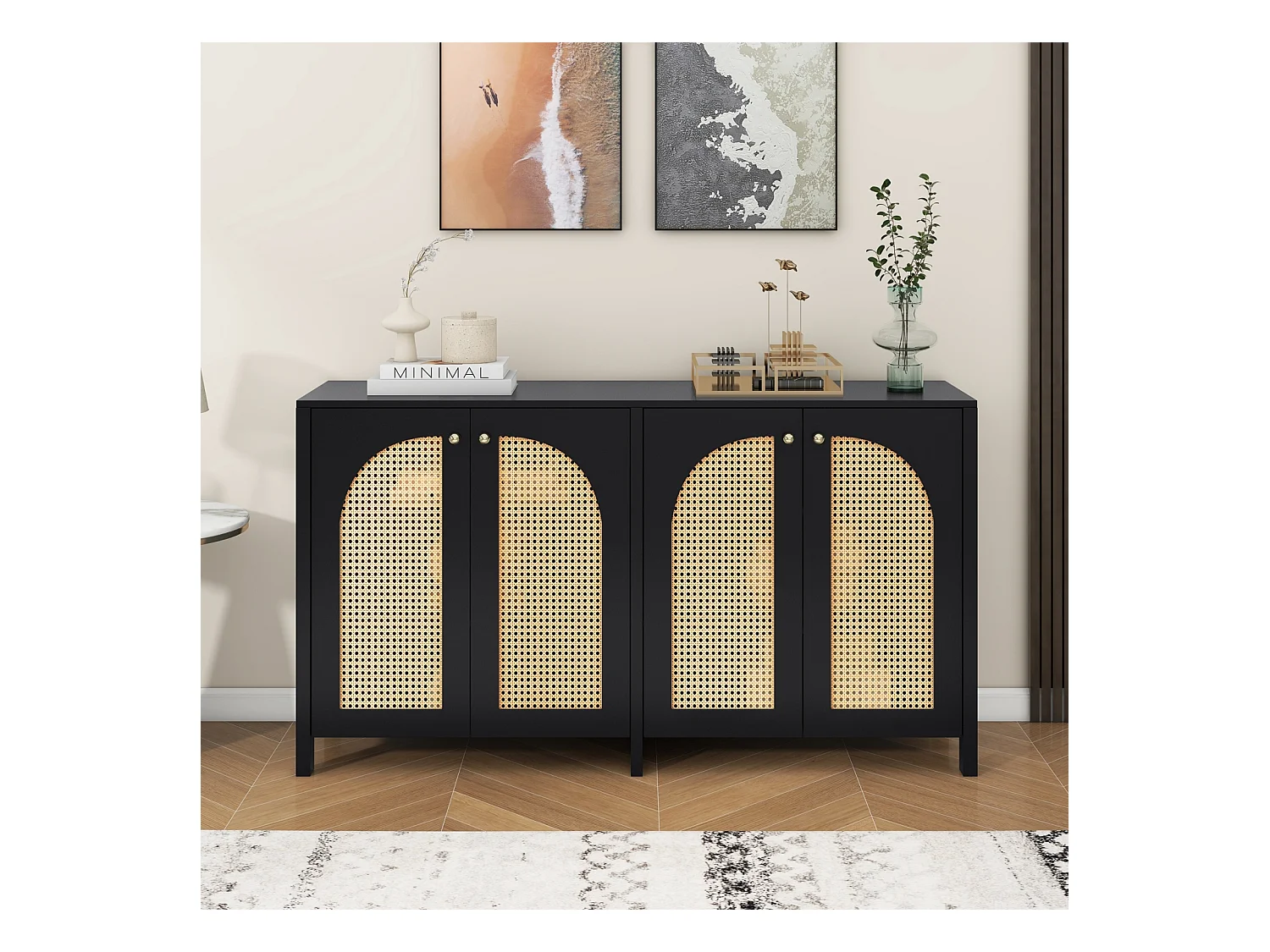 Buffet moderne minimaliste 4 portes en rotin avec poignées métal – Meuble pratique pour salle à manger, salon et cuisine – Noir