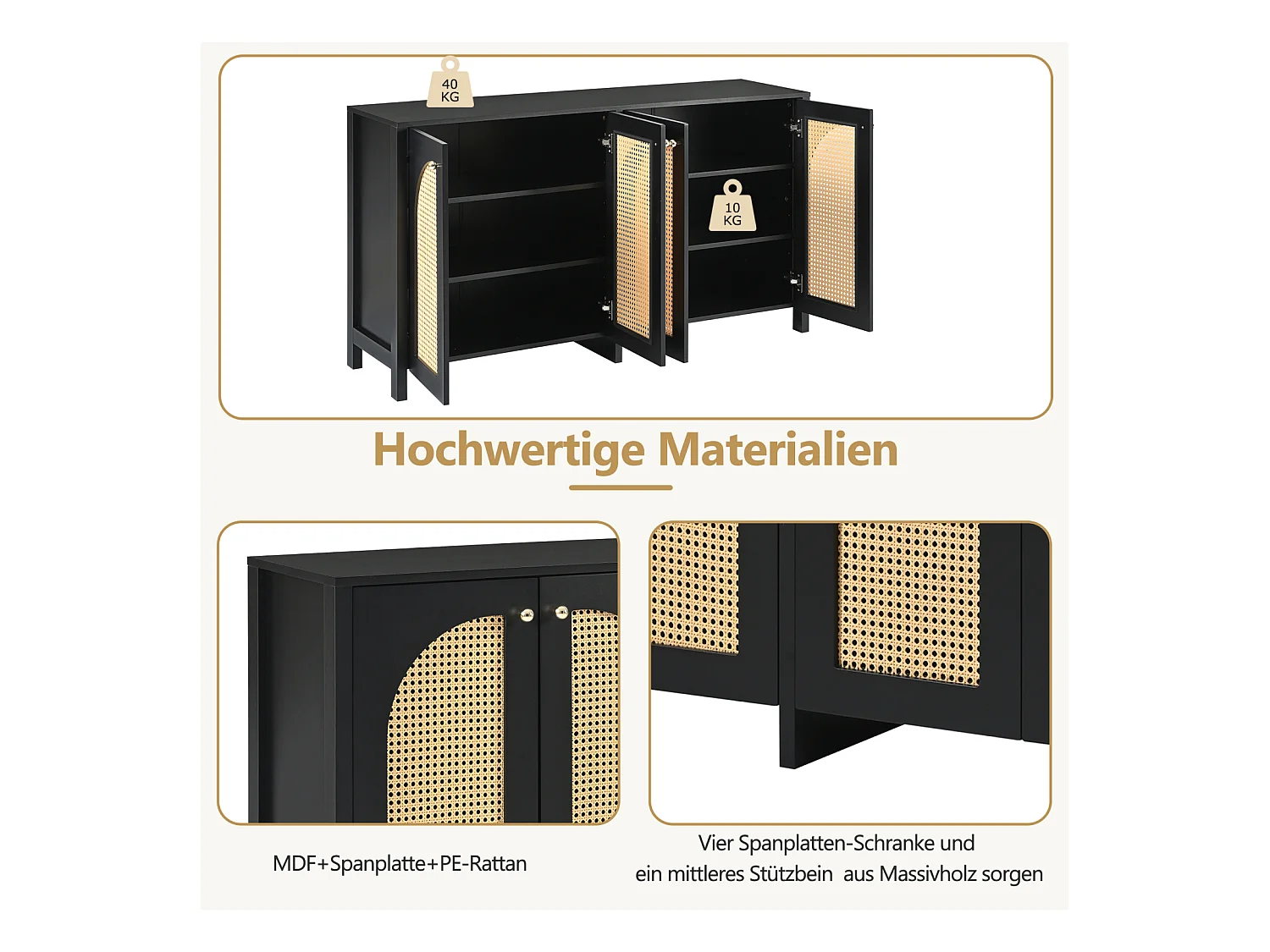 Buffet moderne minimaliste 4 portes en rotin avec poignées métal – Meuble pratique pour salle à manger, salon et cuisine – Noir