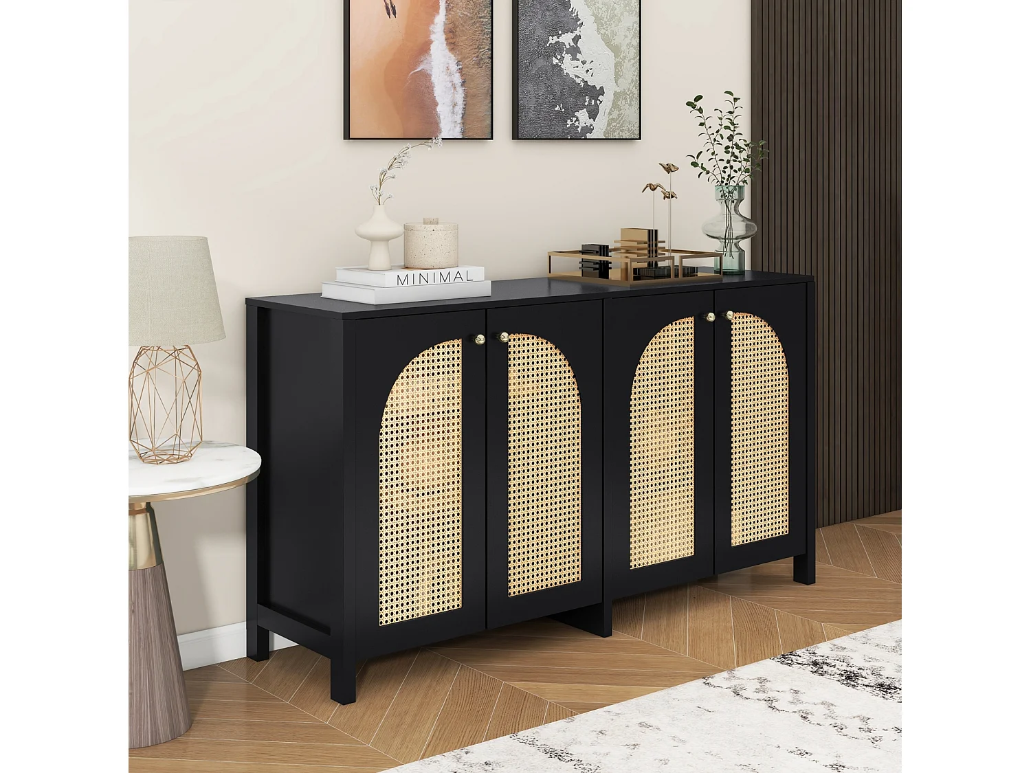 Modern minimalistisch 4-deurs rotan dressoir met metalen handgrepen - Praktisch meubilair voor eetkamer, woonkamer en keuken - Zwart