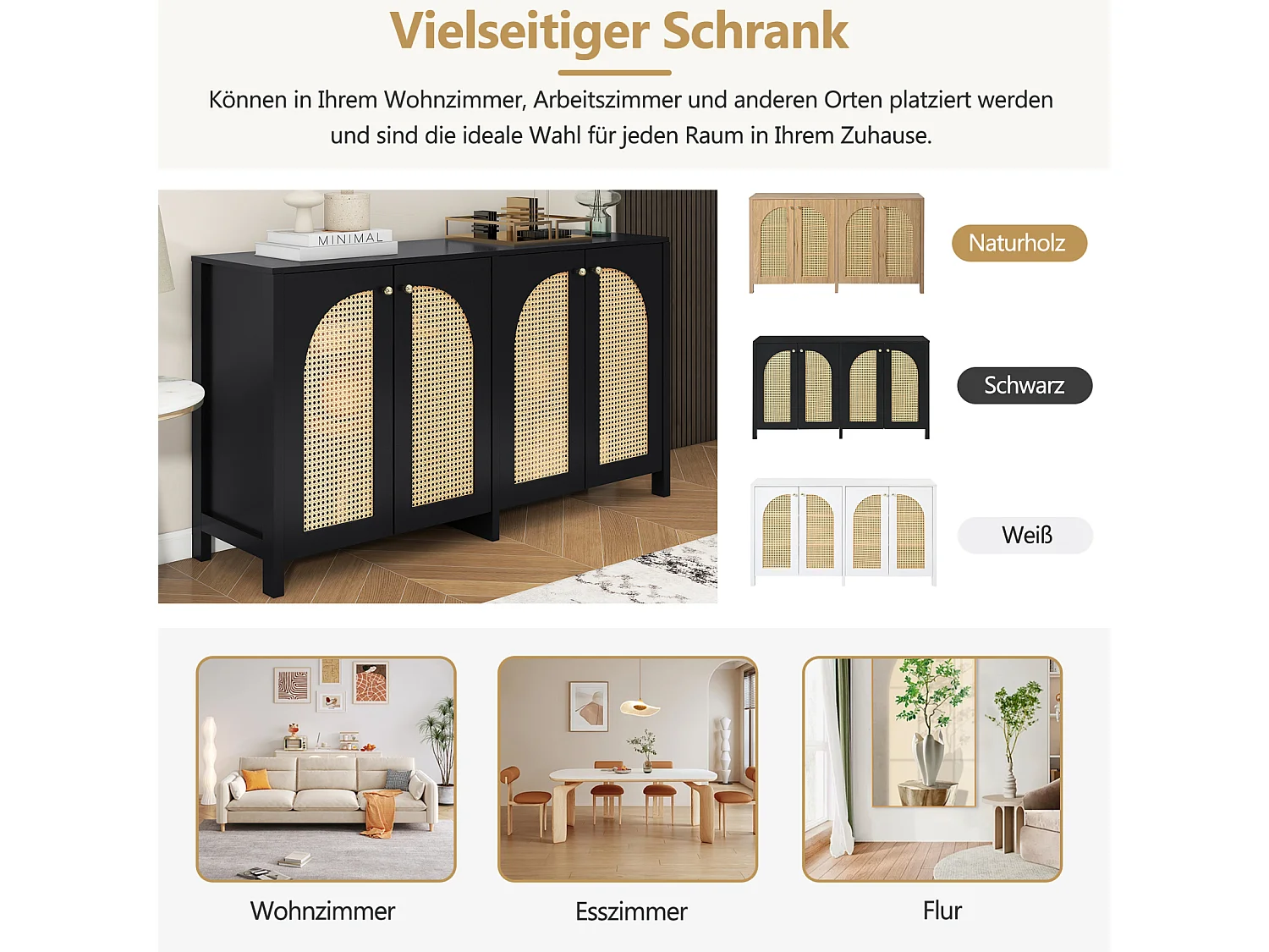 Modern minimalistisch 4-deurs rotan dressoir met metalen handgrepen - Praktisch meubilair voor eetkamer, woonkamer en keuken - Zwart
