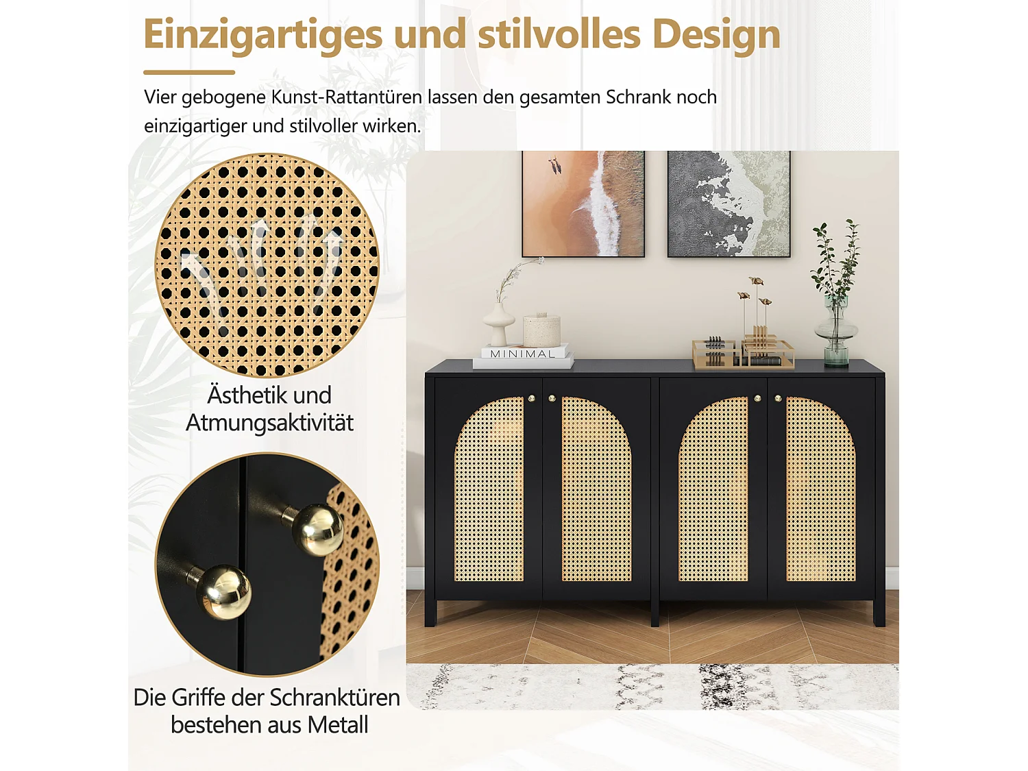 Modern minimalistisch 4-deurs rotan dressoir met metalen handgrepen - Praktisch meubilair voor eetkamer, woonkamer en keuken - Zwart