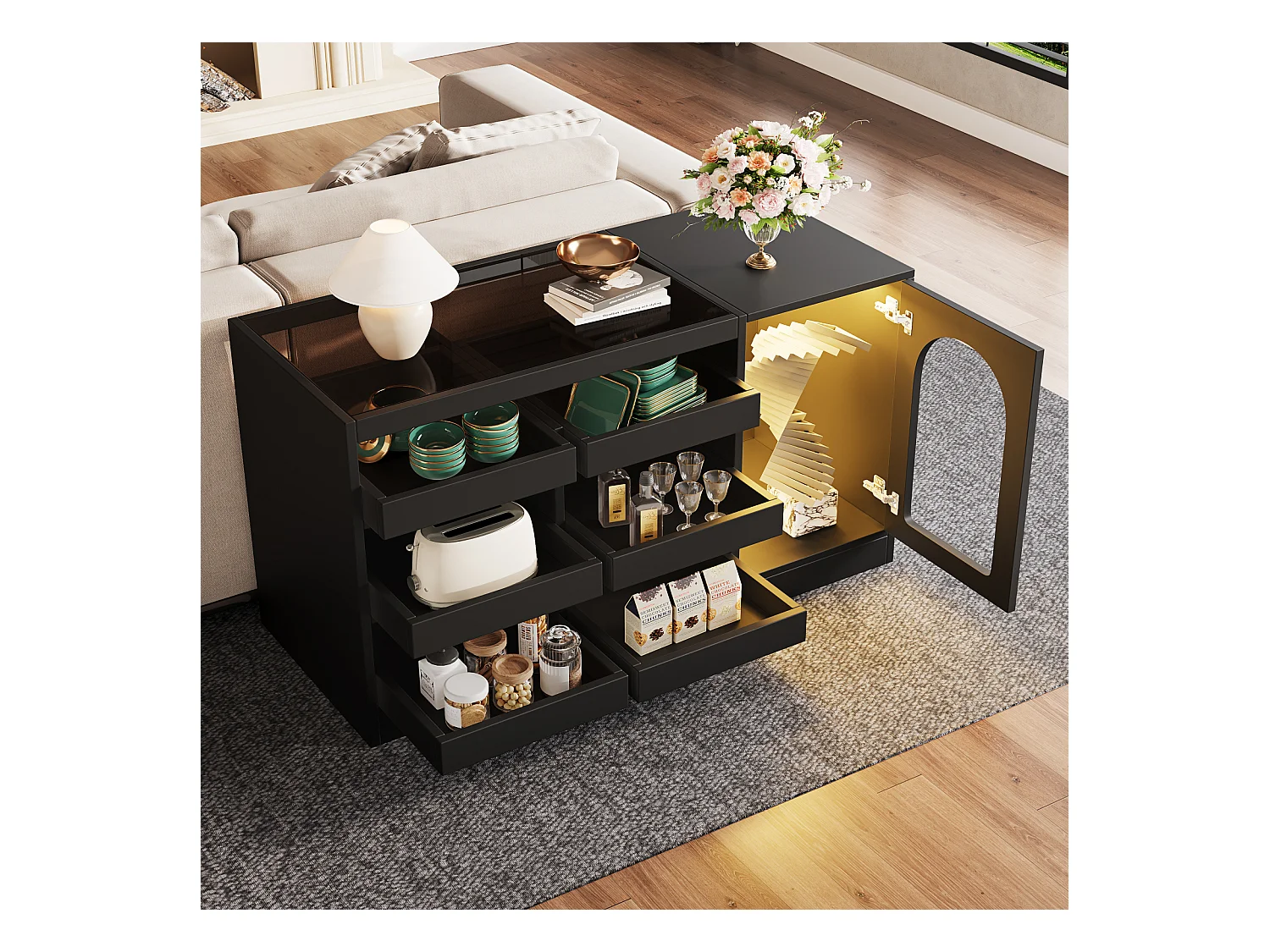 Buffet à tiroirs noir moderne et épuré avec 6 tiroirs, porte haute et éclairage LED – Idéal pour chambre, salon et salle à manger