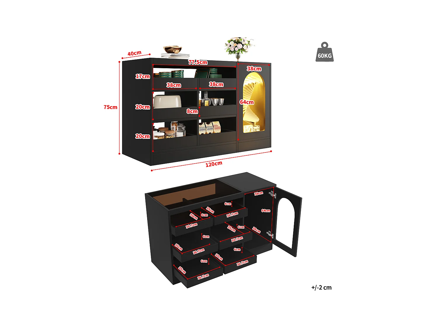 Buffet à tiroirs noir moderne et épuré avec 6 tiroirs, porte haute et éclairage LED – Idéal pour chambre, salon et salle à manger