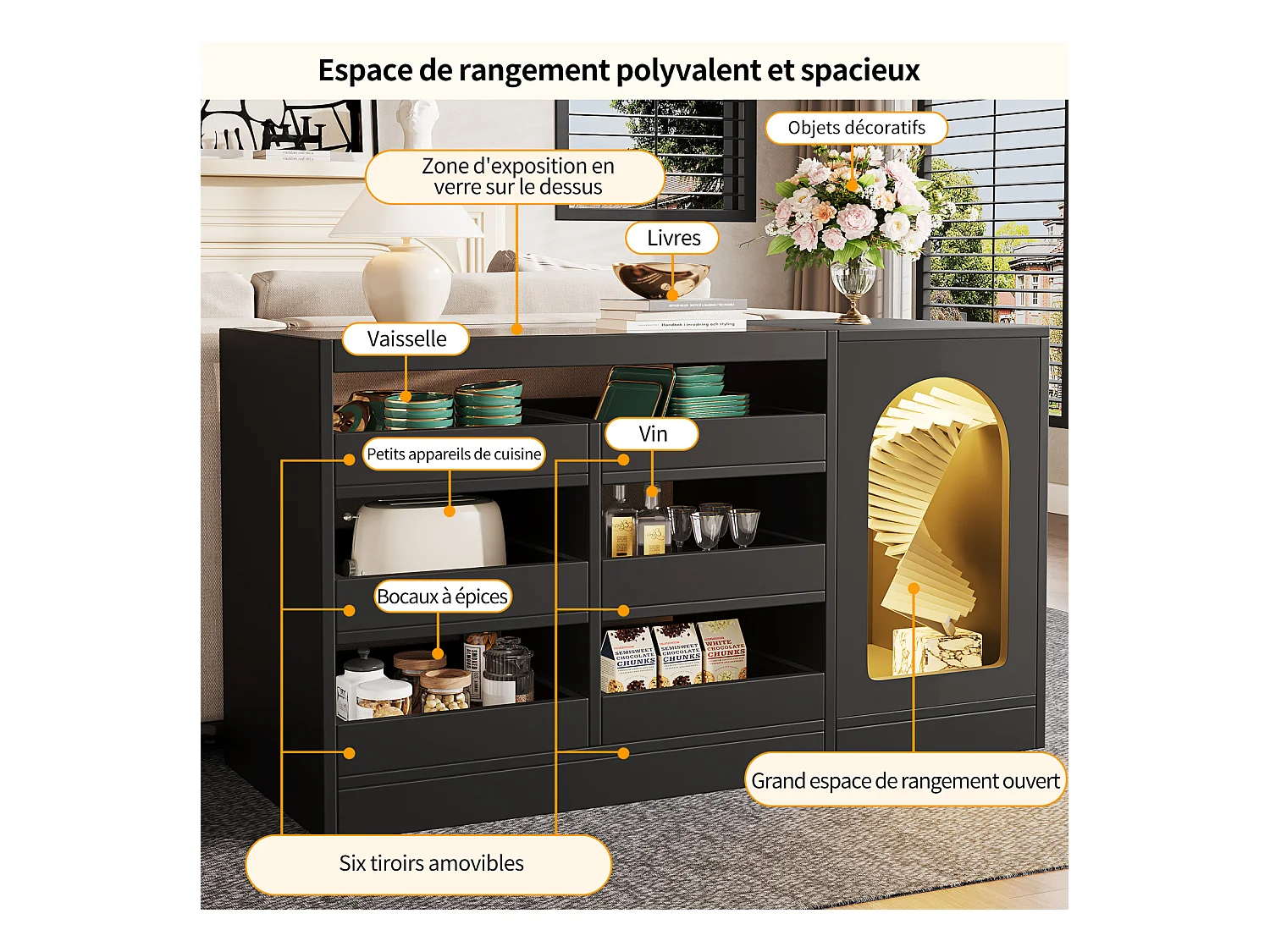 Buffet à tiroirs noir moderne et épuré avec 6 tiroirs, porte haute et éclairage LED – Idéal pour chambre, salon et salle à manger
