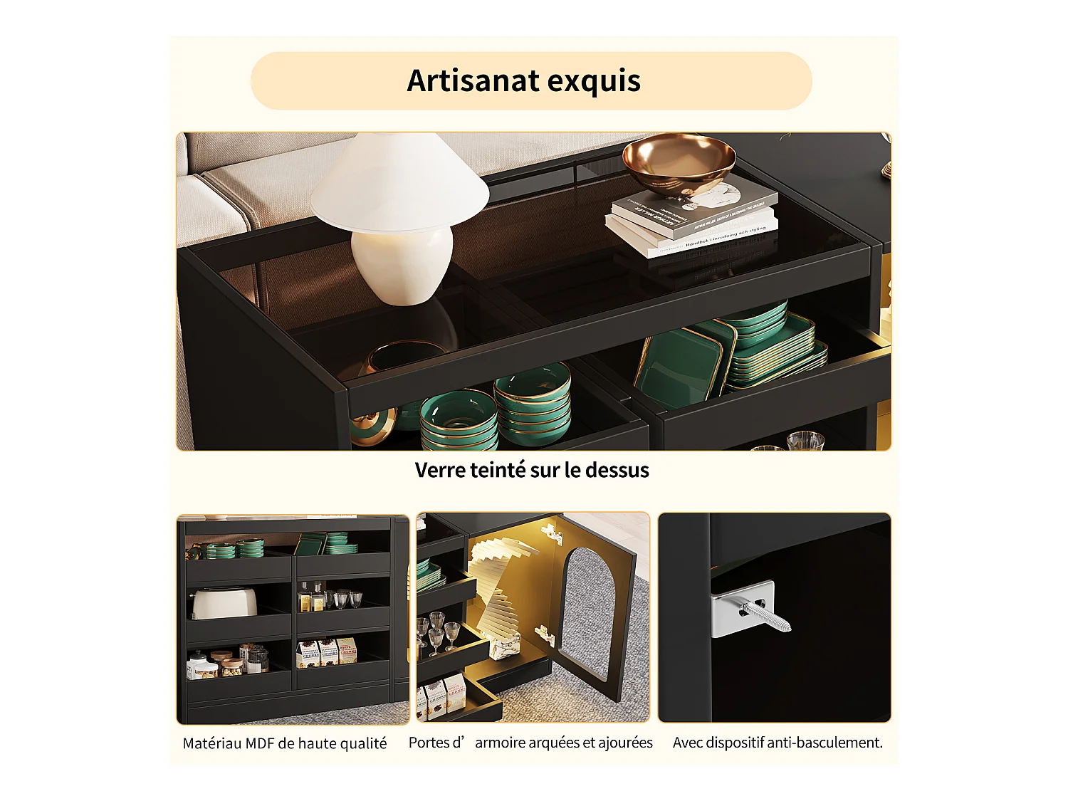 Buffet à tiroirs noir moderne et épuré avec 6 tiroirs, porte haute et éclairage LED – Idéal pour chambre, salon et salle à manger