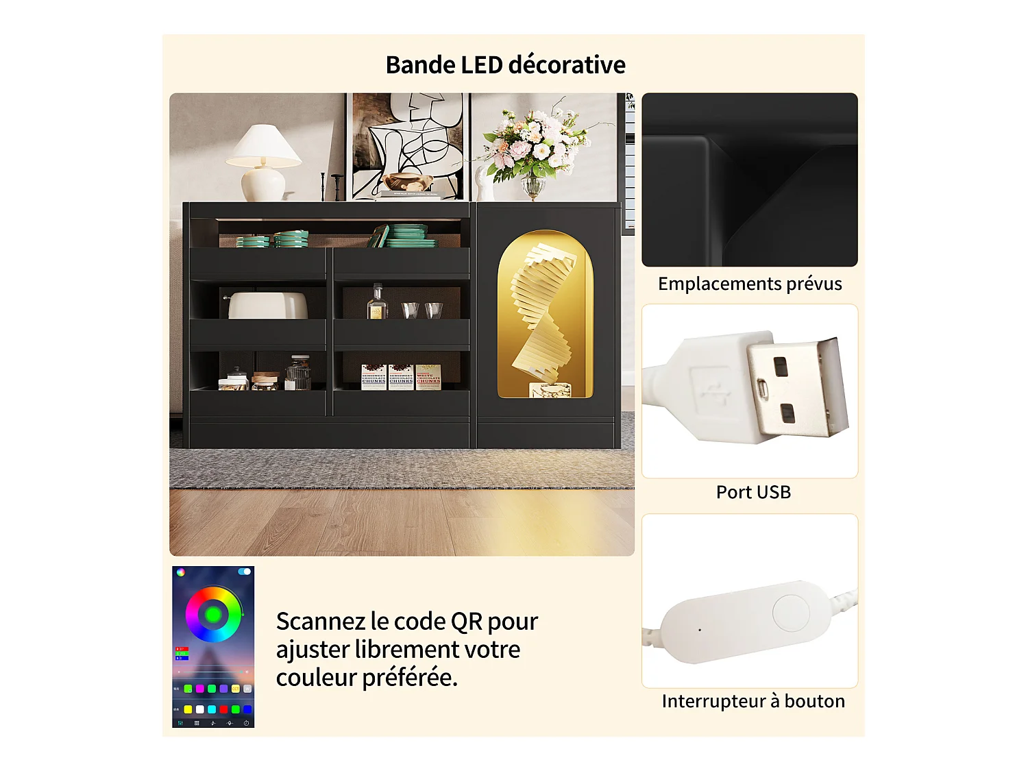 Buffet à tiroirs noir moderne et épuré avec 6 tiroirs, porte haute et éclairage LED – Idéal pour chambre, salon et salle à manger