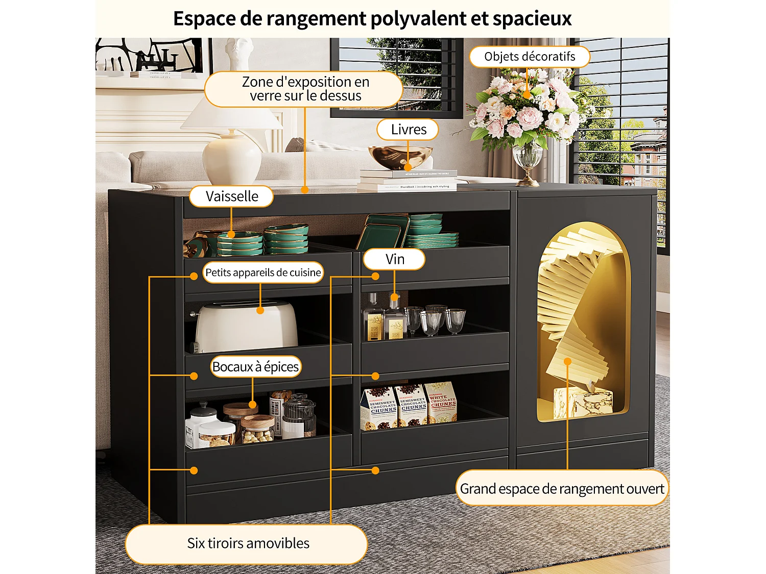 Modern en strak zwart dressoir met 6 lades, hoge deur en LED-verlichting - Ideaal voor slaapkamer, woonkamer en eetkamer