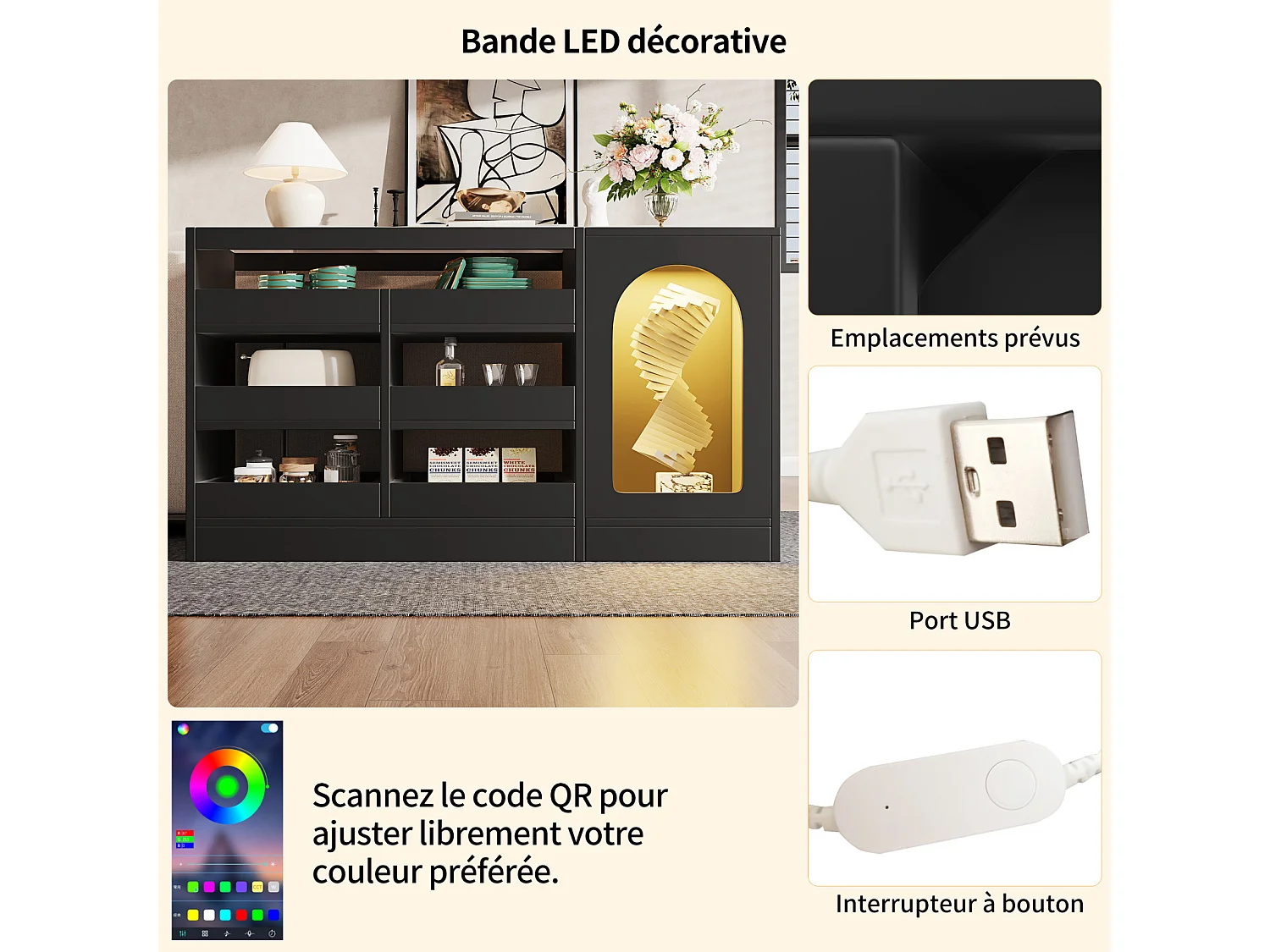 Modern en strak zwart dressoir met 6 lades, hoge deur en LED-verlichting - Ideaal voor slaapkamer, woonkamer en eetkamer