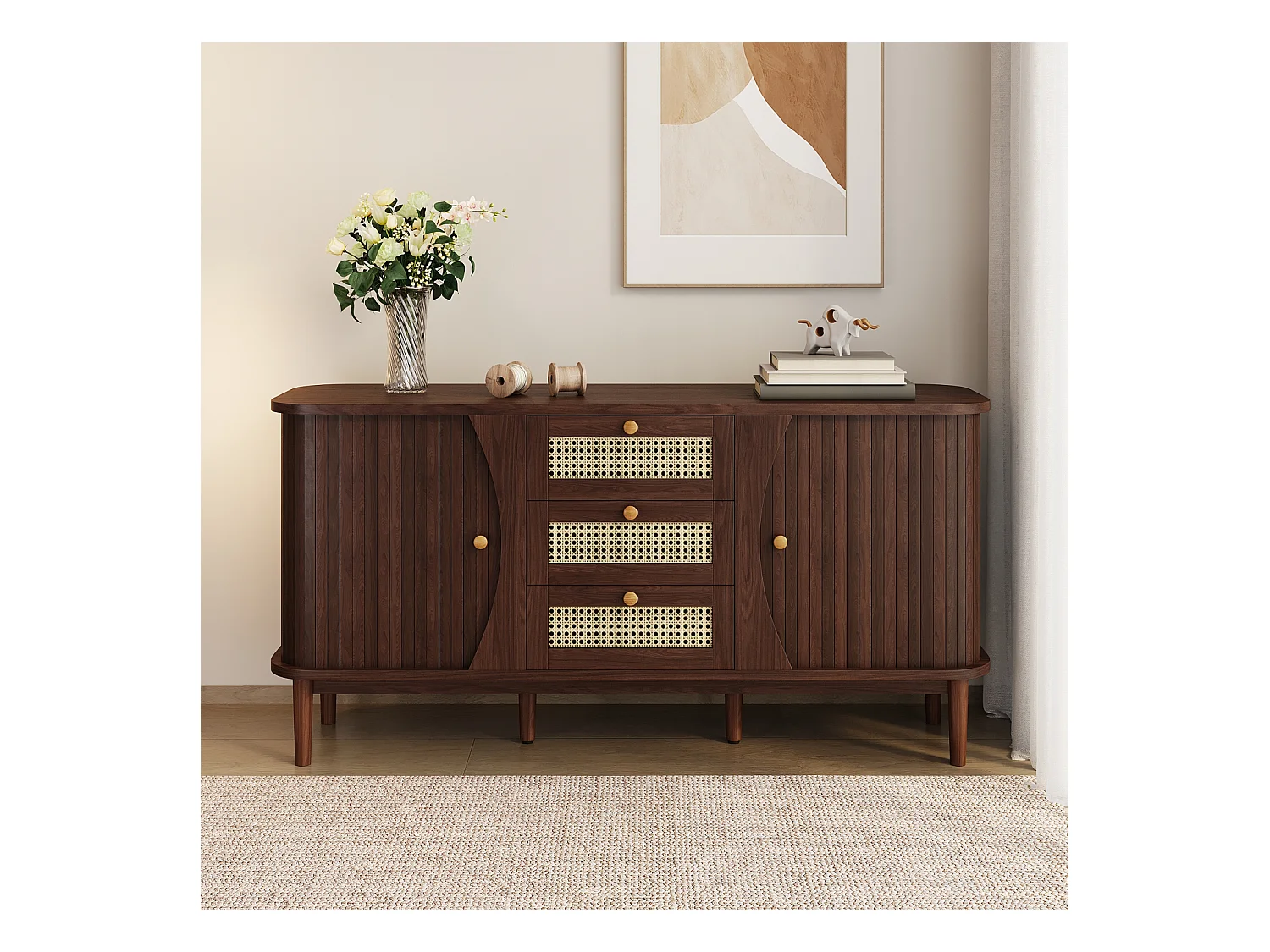 Buffet en rotin avec portes coulissantes – Étagères réglables et plateau arrondi – Commode design pour salon ou chambre