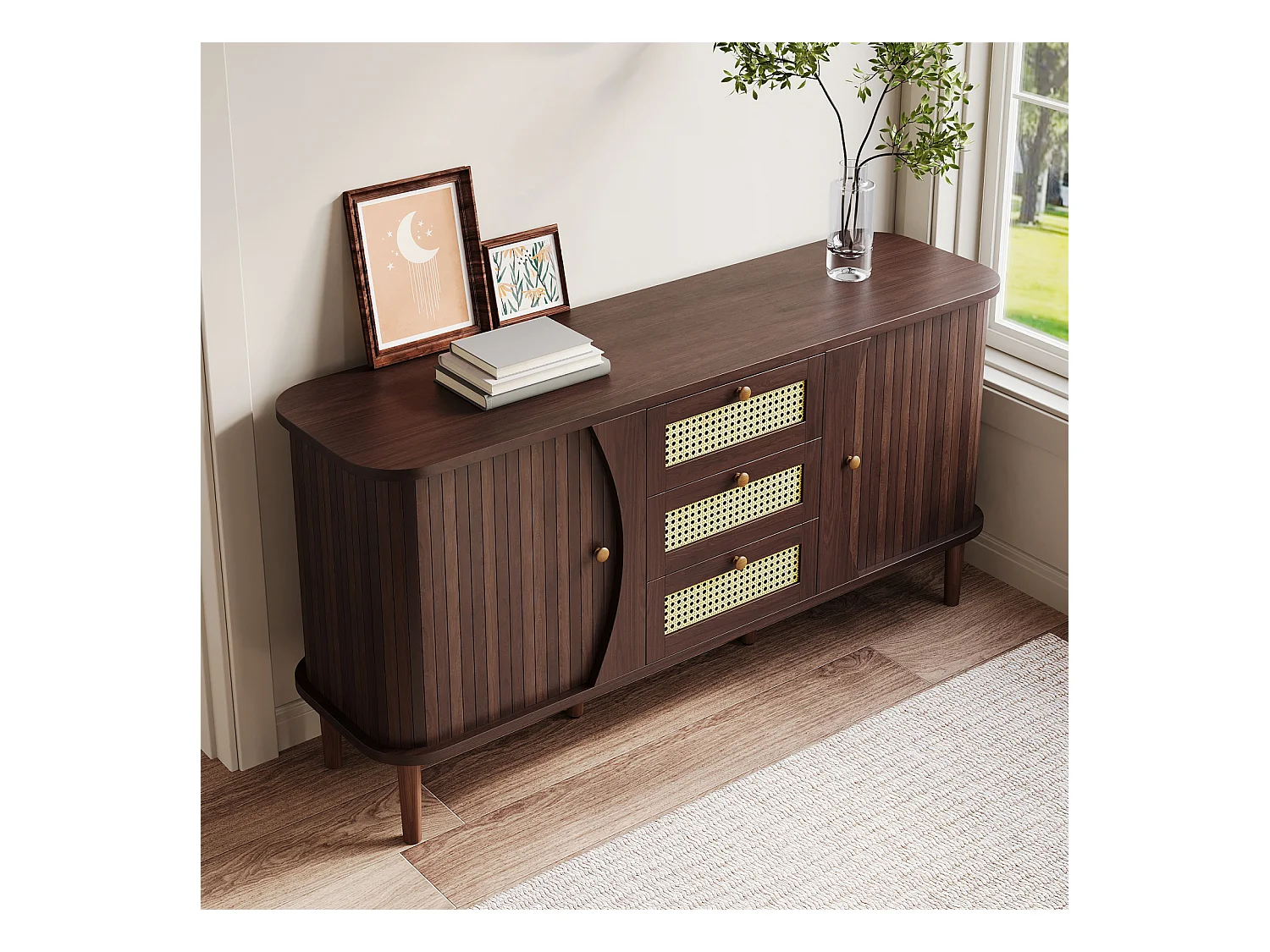 Buffet en rotin avec portes coulissantes – Étagères réglables et plateau arrondi – Commode design pour salon ou chambre