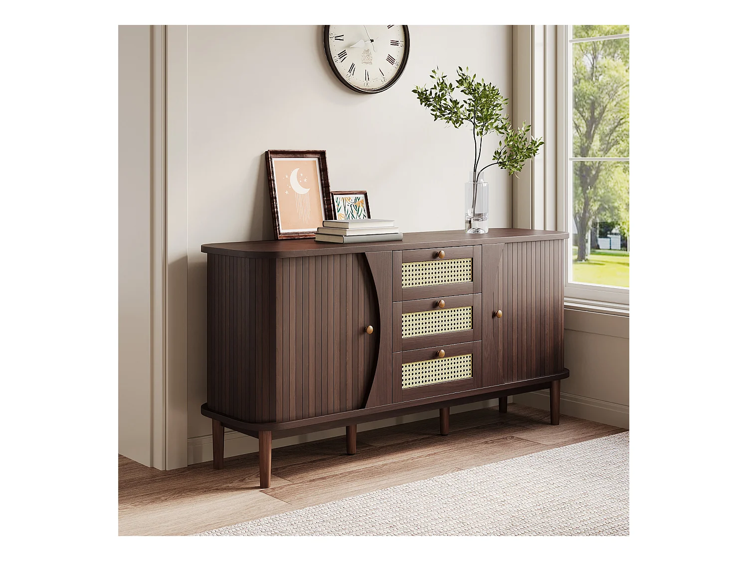 Buffet en rotin avec portes coulissantes – Étagères réglables et plateau arrondi – Commode design pour salon ou chambre