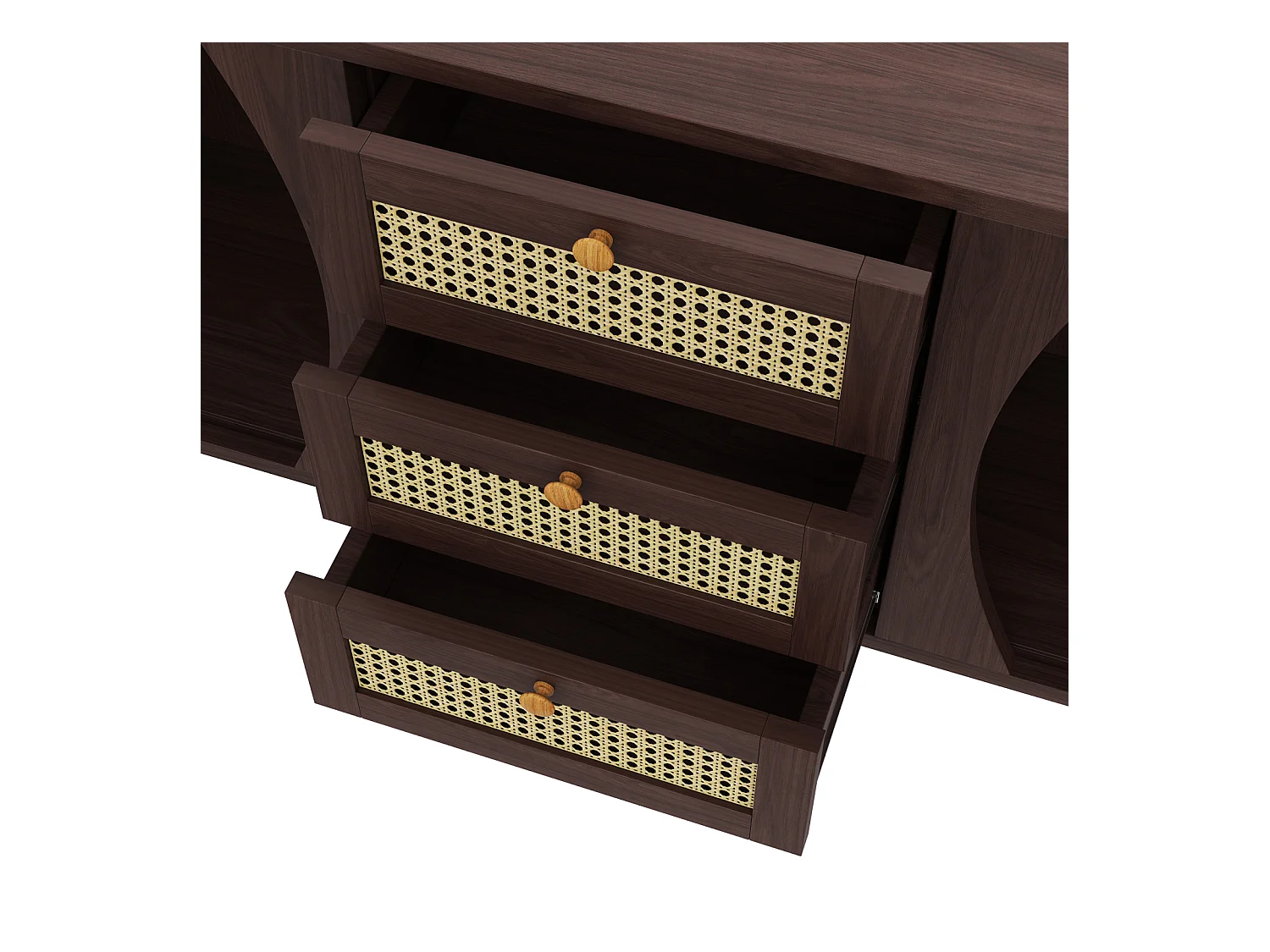 Buffet en rotin avec portes coulissantes – Étagères réglables et plateau arrondi – Commode design pour salon ou chambre