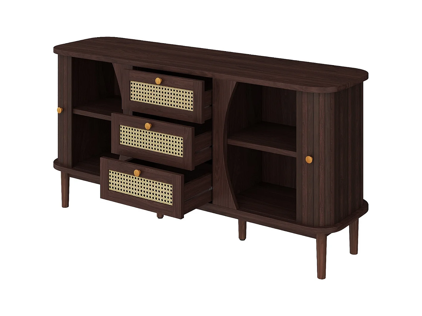 Buffet en rotin avec portes coulissantes – Étagères réglables et plateau arrondi – Commode design pour salon ou chambre