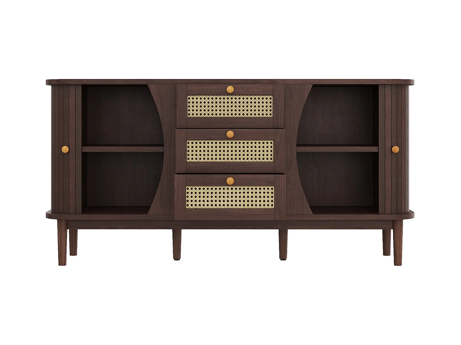 Buffet en rotin avec portes coulissantes – Étagères réglables et plateau arrondi – Commode design pour salon ou chambre
