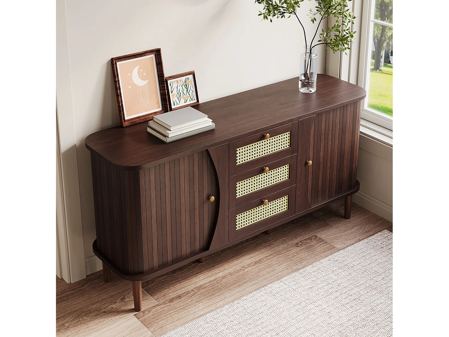 Rotan dressoir met schuifdeuren – Verstelbare planken en afgeronde bovenkant – Design ladekast voor woonkamer of slaapkamer