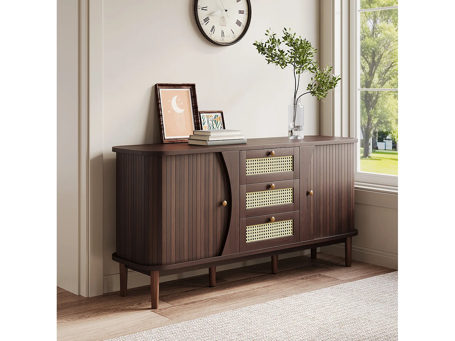 Rotan dressoir met schuifdeuren – Verstelbare planken en afgeronde bovenkant – Design ladekast voor woonkamer of slaapkamer