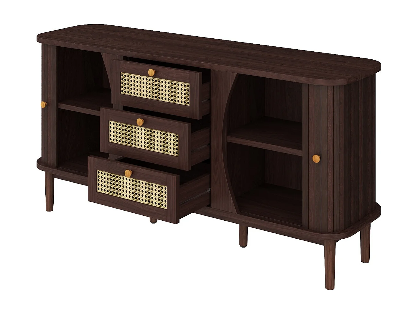 Rotan dressoir met schuifdeuren – Verstelbare planken en afgeronde bovenkant – Design ladekast voor woonkamer of slaapkamer