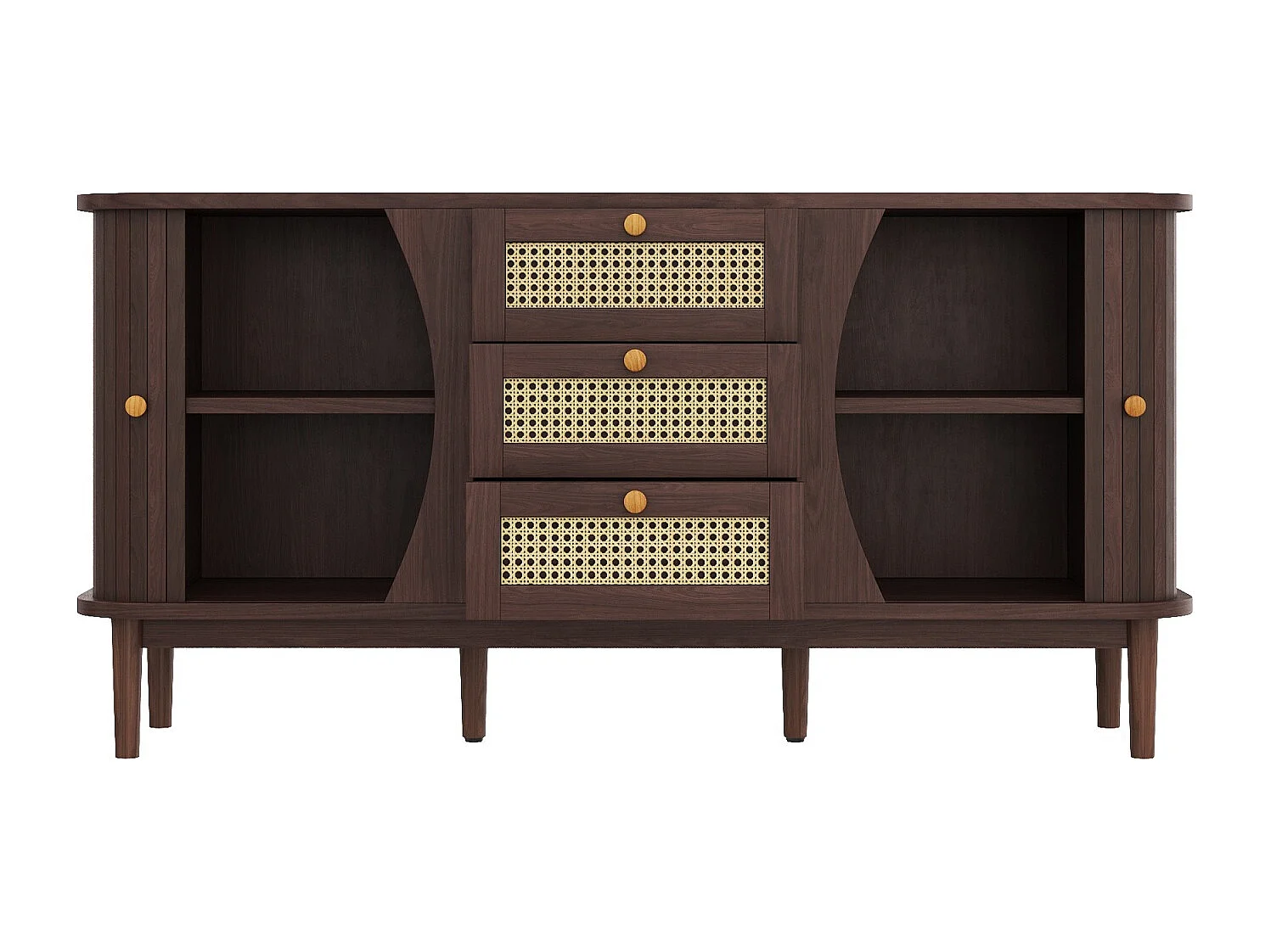 Rotan dressoir met schuifdeuren – Verstelbare planken en afgeronde bovenkant – Design ladekast voor woonkamer of slaapkamer