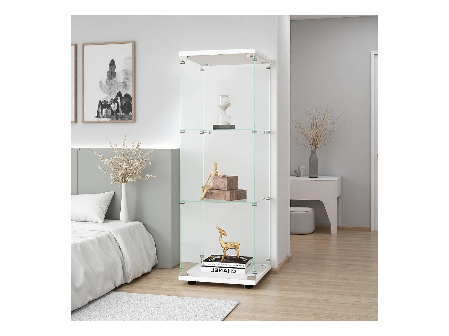 Vitrine de vidro com 3 prateleiras e 1 porta, armário para sala, quarto ou escritório. Estante autônoma branca, fácil instalação e estilo moderno