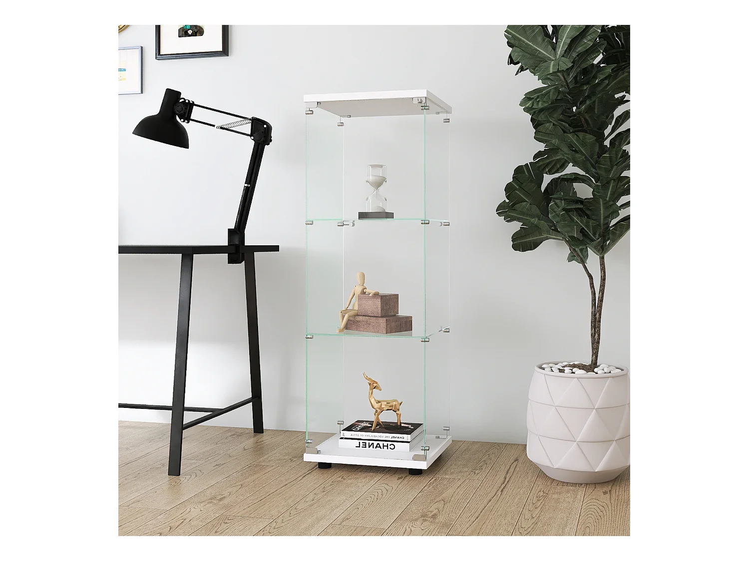 Vitrine de vidro com 3 prateleiras e 1 porta, armário para sala, quarto ou escritório. Estante autônoma branca, fácil instalação e estilo moderno