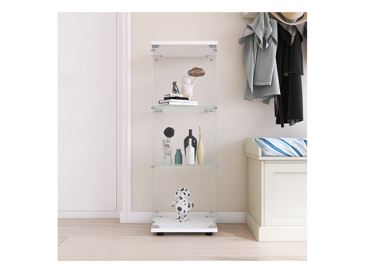 Vitrine de vidro com 3 prateleiras e 1 porta, armário para sala, quarto ou escritório. Estante autônoma branca, fácil instalação e estilo moderno