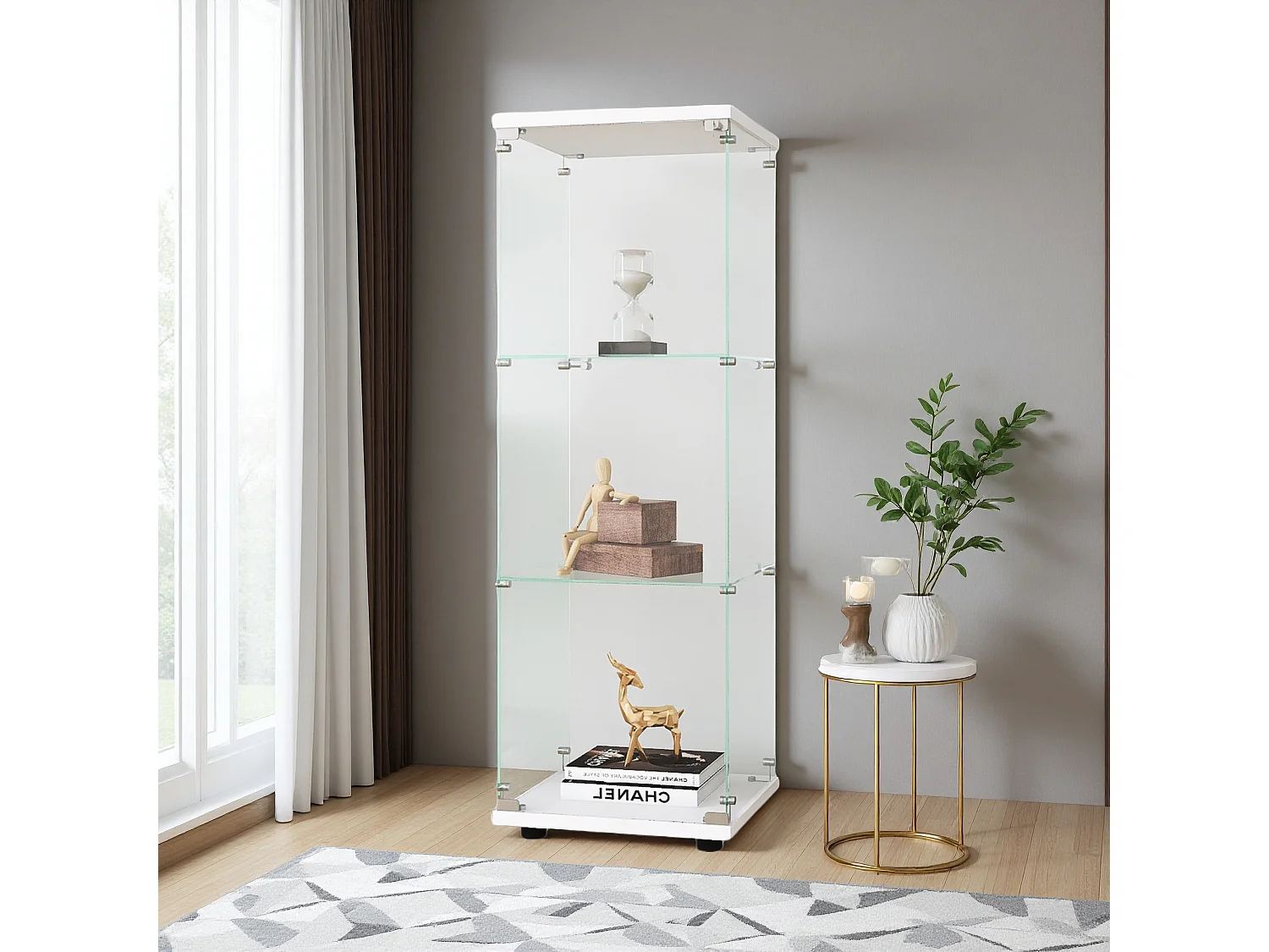Vitrine de vidro com 3 prateleiras e 1 porta, armário para sala, quarto ou escritório. Estante autônoma branca, fácil instalação e estilo moderno